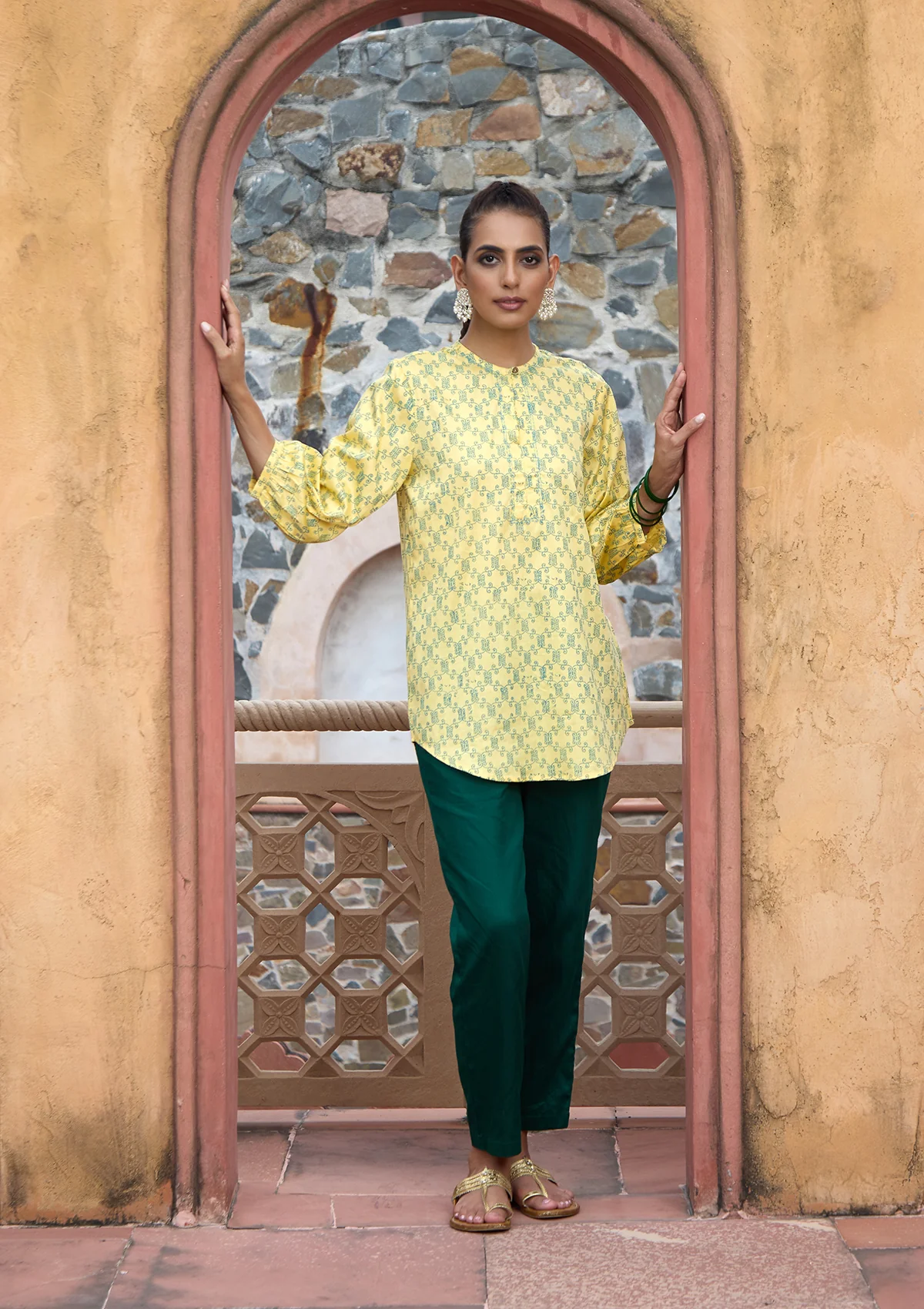 HOC Glazed Cotton Hand Block Printed Women's Short Kurta - Yellow - Image 5