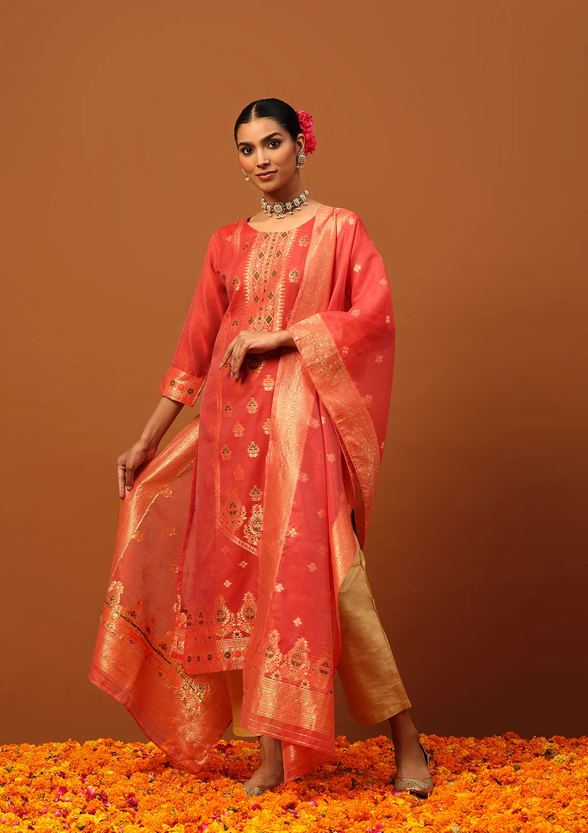 HOC Banarasi Chanderi Hand Weave & Hand Embellished Women's 3PC Long Kurta Set -Red