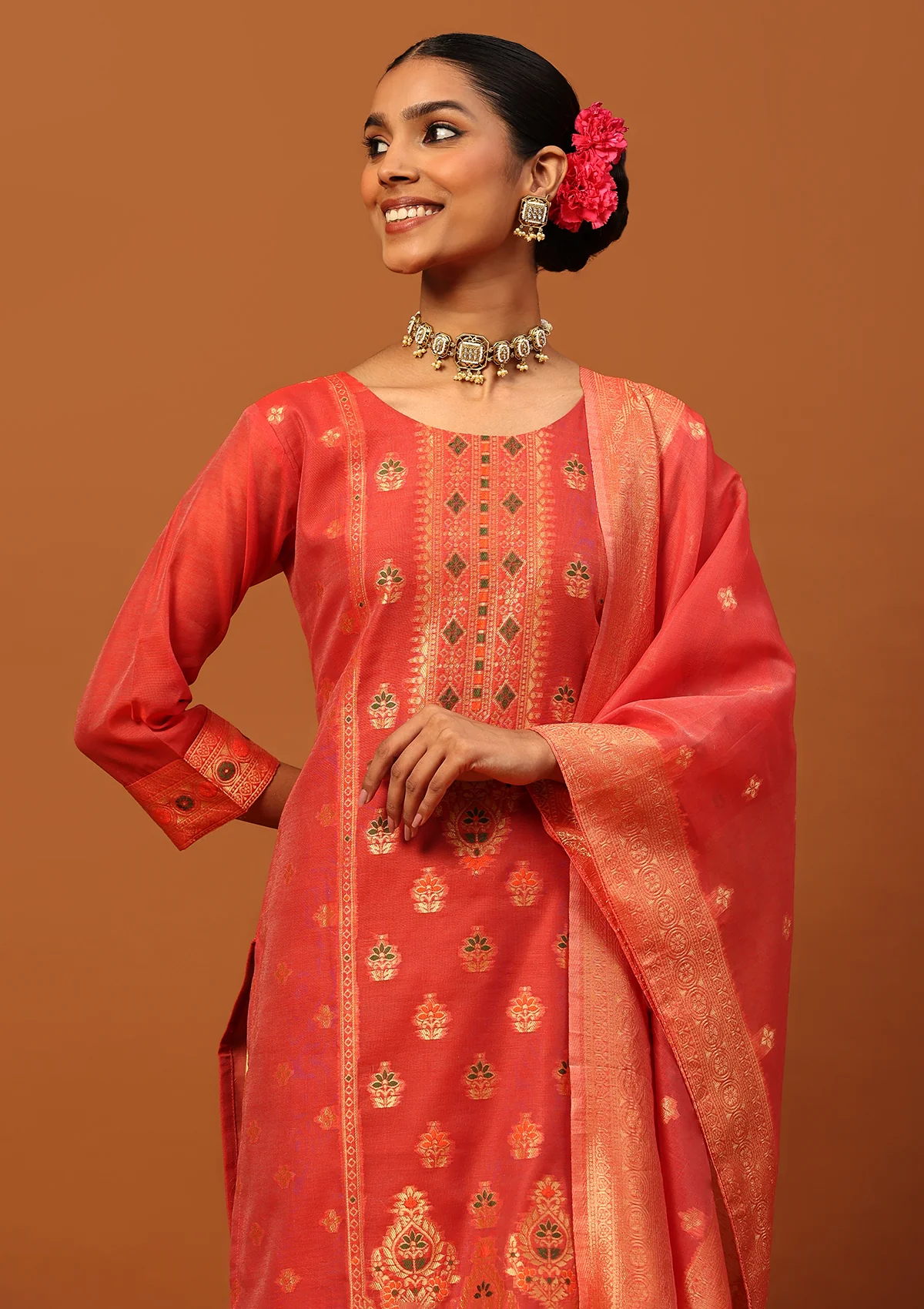 HOC Banarasi Chanderi Hand Weave & Hand Embellished Women's 3PC Long Kurta Set -Red - Image 2