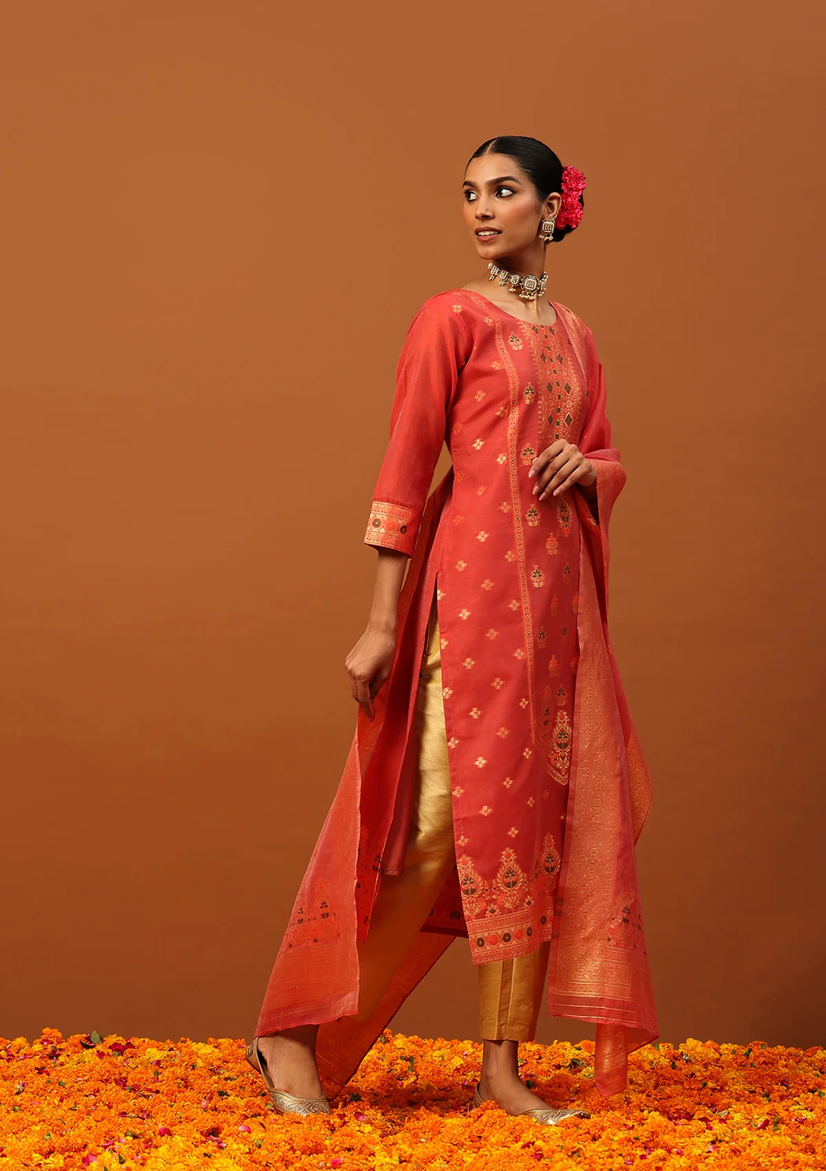 HOC Banarasi Chanderi Hand Weave & Hand Embellished Women's 3PC Long Kurta Set -Red - Image 3