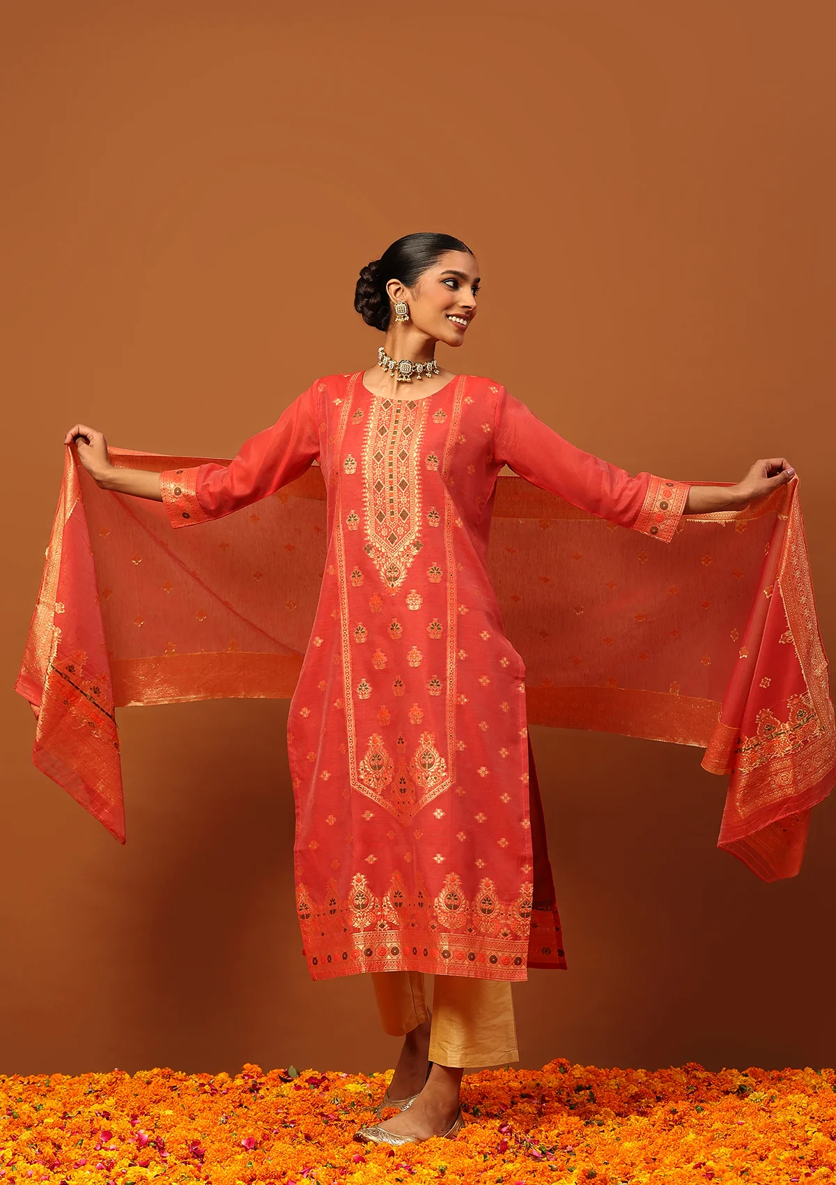 HOC Banarasi Chanderi Hand Weave & Hand Embellished Women's 3PC Long Kurta Set -Red - Image 4