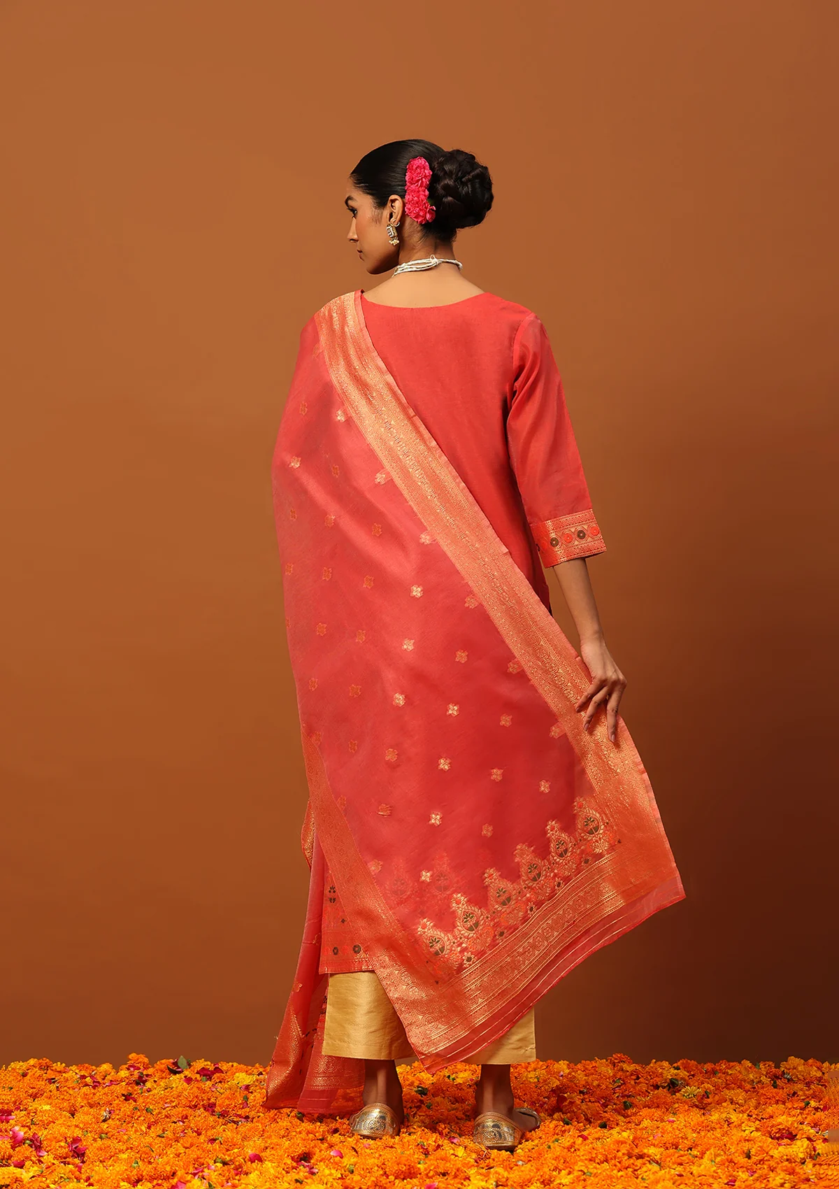 HOC Banarasi Chanderi Hand Weave & Hand Embellished Women's 3PC Long Kurta Set -Red - Image 6