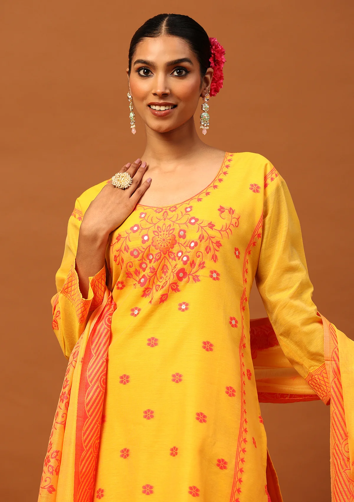 HOC Banarasi Chanderi Hand Weave Women's 3PC Long Kurta Set -Mustard - Image 2