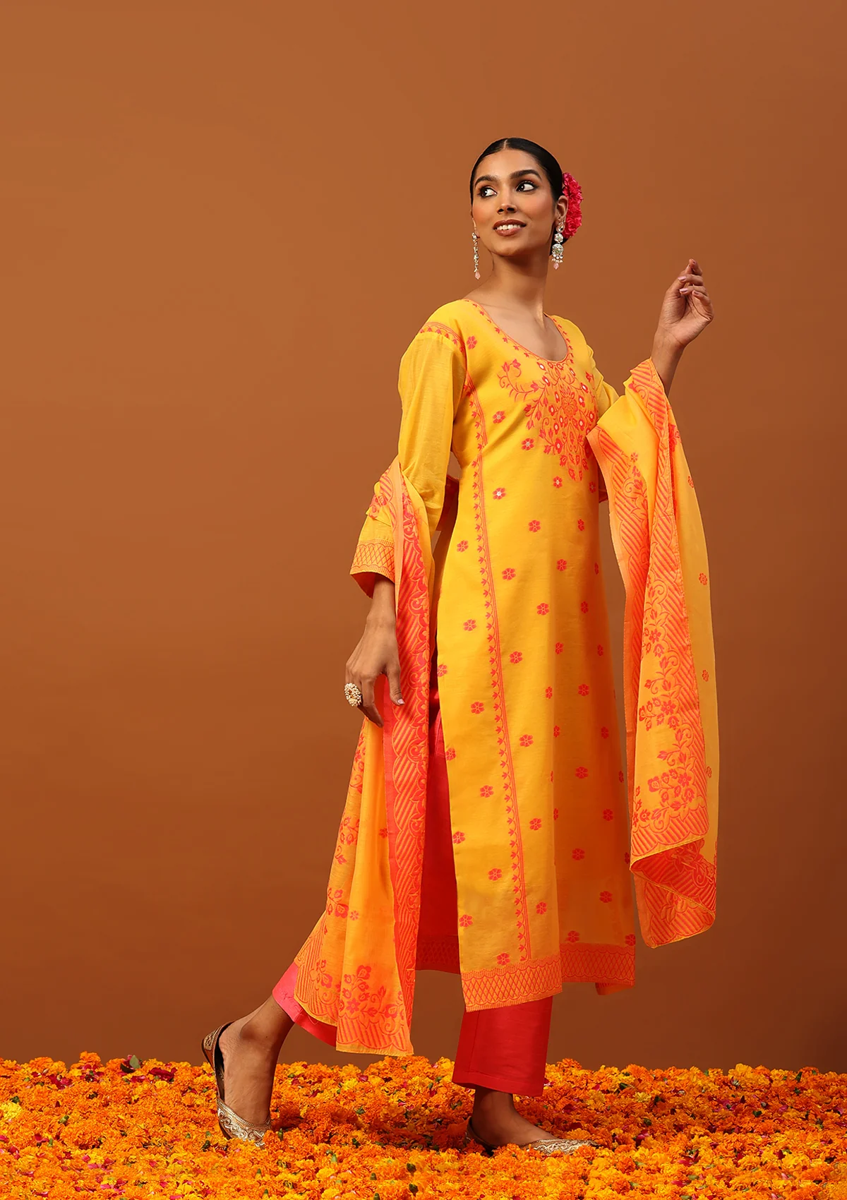 HOC Banarasi Chanderi Hand Weave Women's 3PC Long Kurta Set -Mustard - Image 3
