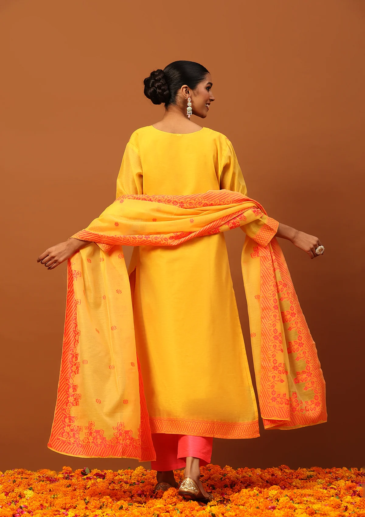 HOC Banarasi Chanderi Hand Weave Women's 3PC Long Kurta Set -Mustard - Image 6