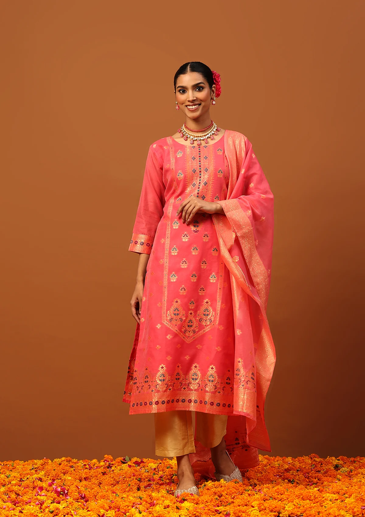 HOC Banarasi Chanderi Hand Weave Women's 3PC Long Kurta Set -Pink