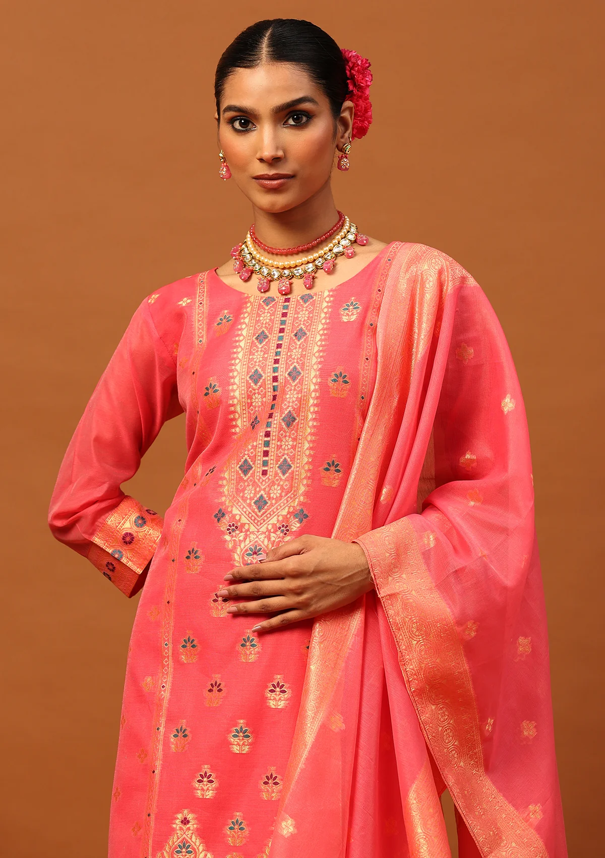 HOC Banarasi Chanderi Hand Weave Women's 3PC Long Kurta Set -Pink - Image 2