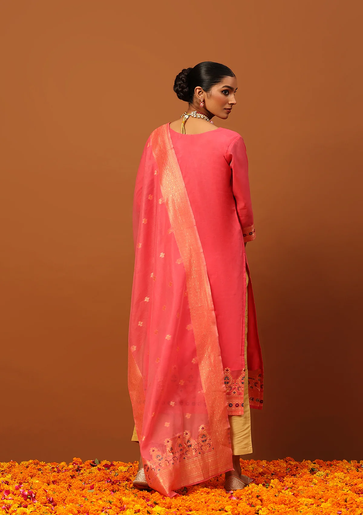 HOC Banarasi Chanderi Hand Weave Women's 3PC Long Kurta Set -Pink - Image 4