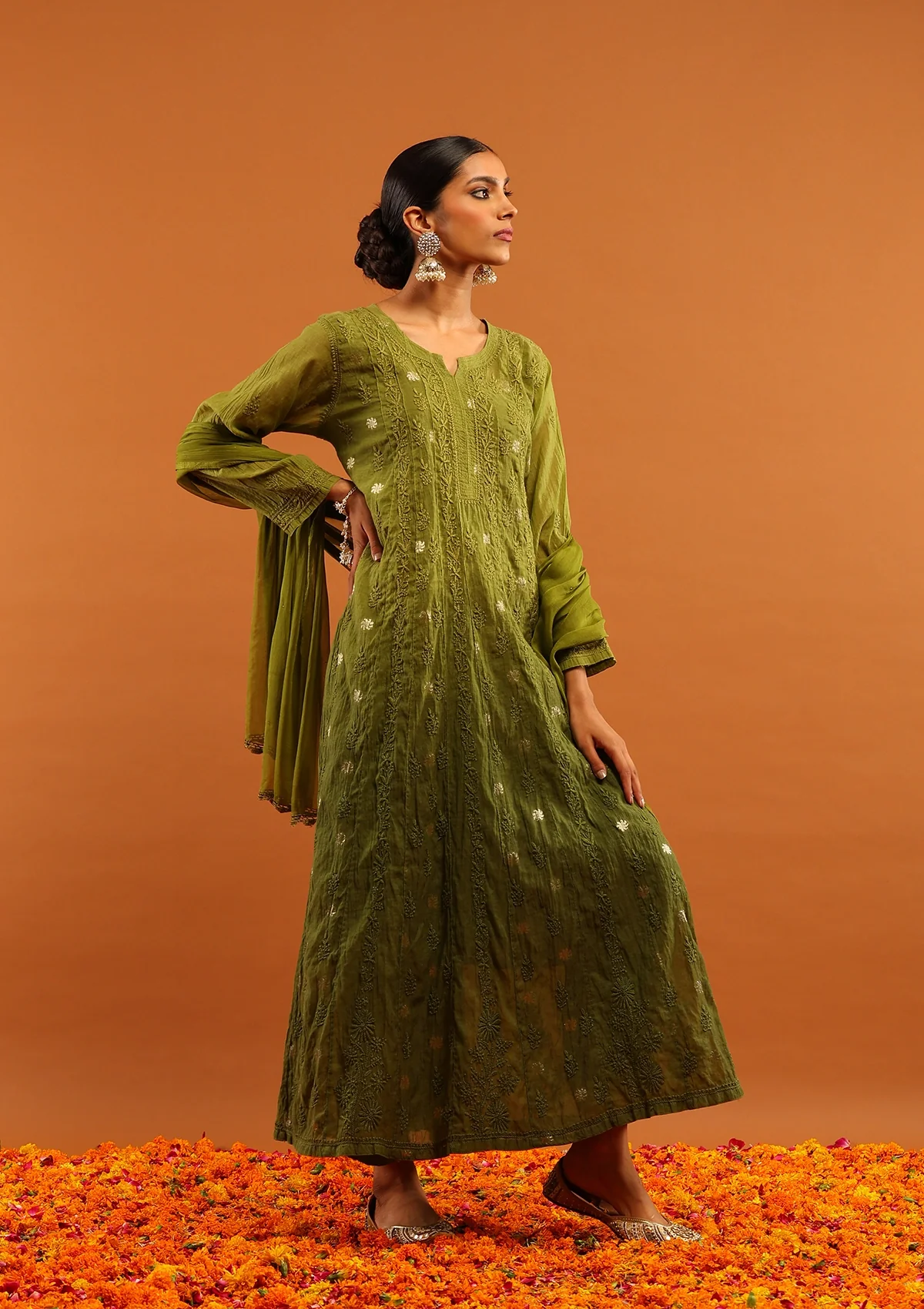 HOC Banarasi Mul Chanderi Chikankari Solid Women's 4 PC Anarkali Kurta Set - Olive Green - Image 3