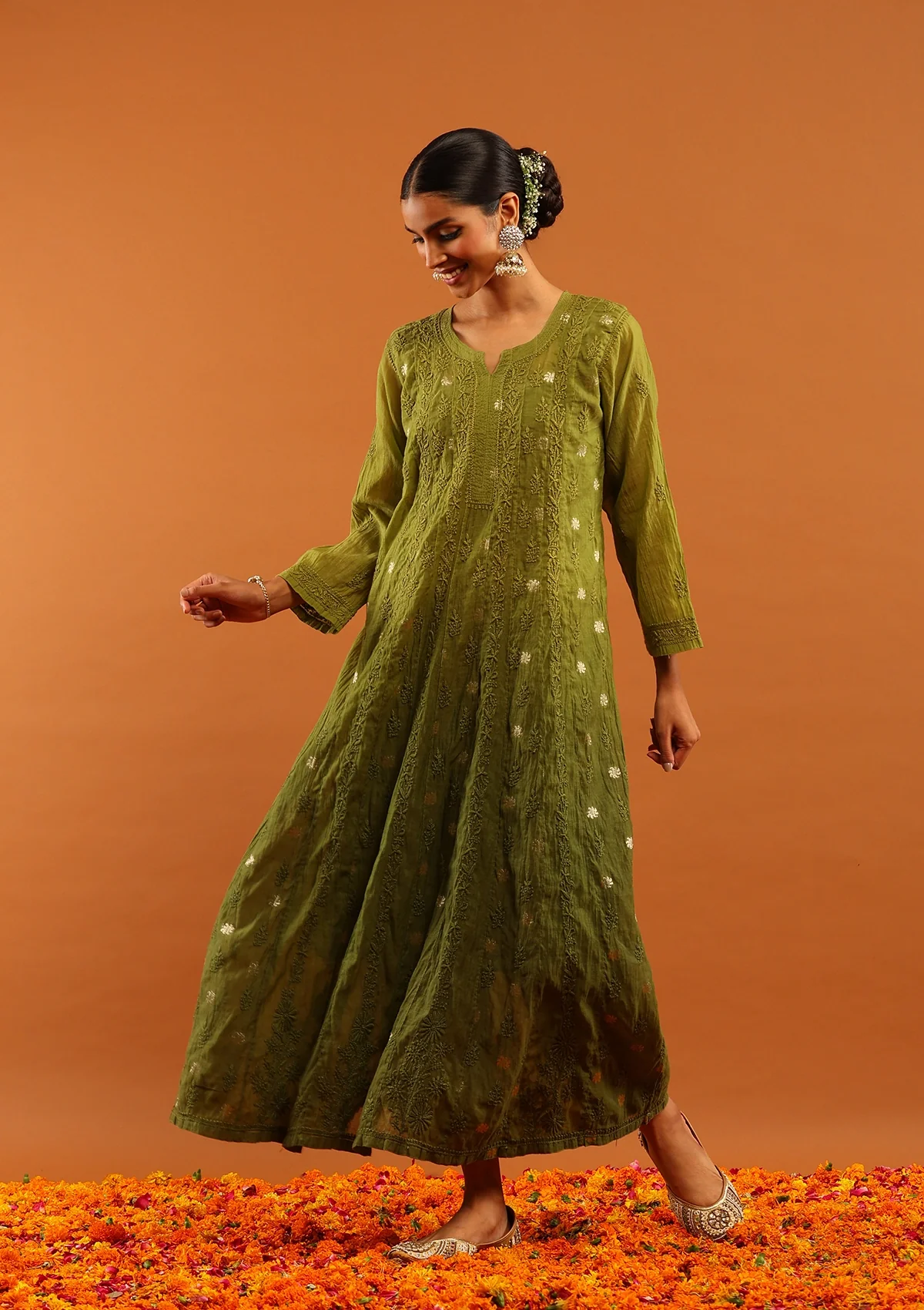 HOC Banarasi Mul Chanderi Chikankari Solid Women's 4 PC Anarkali Kurta Set - Olive Green - Image 4