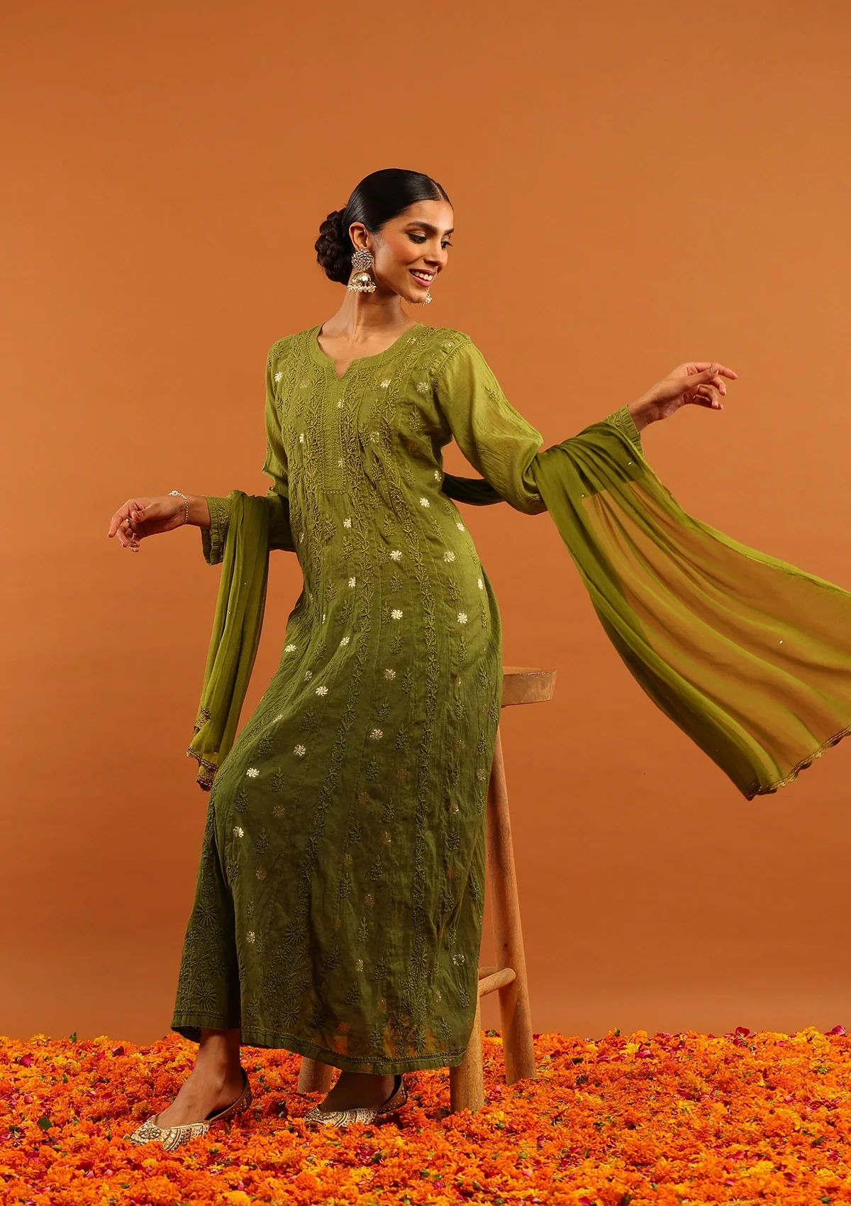 HOC Banarasi Mul Chanderi Chikankari Solid Women's 4 PC Anarkali Kurta Set - Olive Green - Image 5