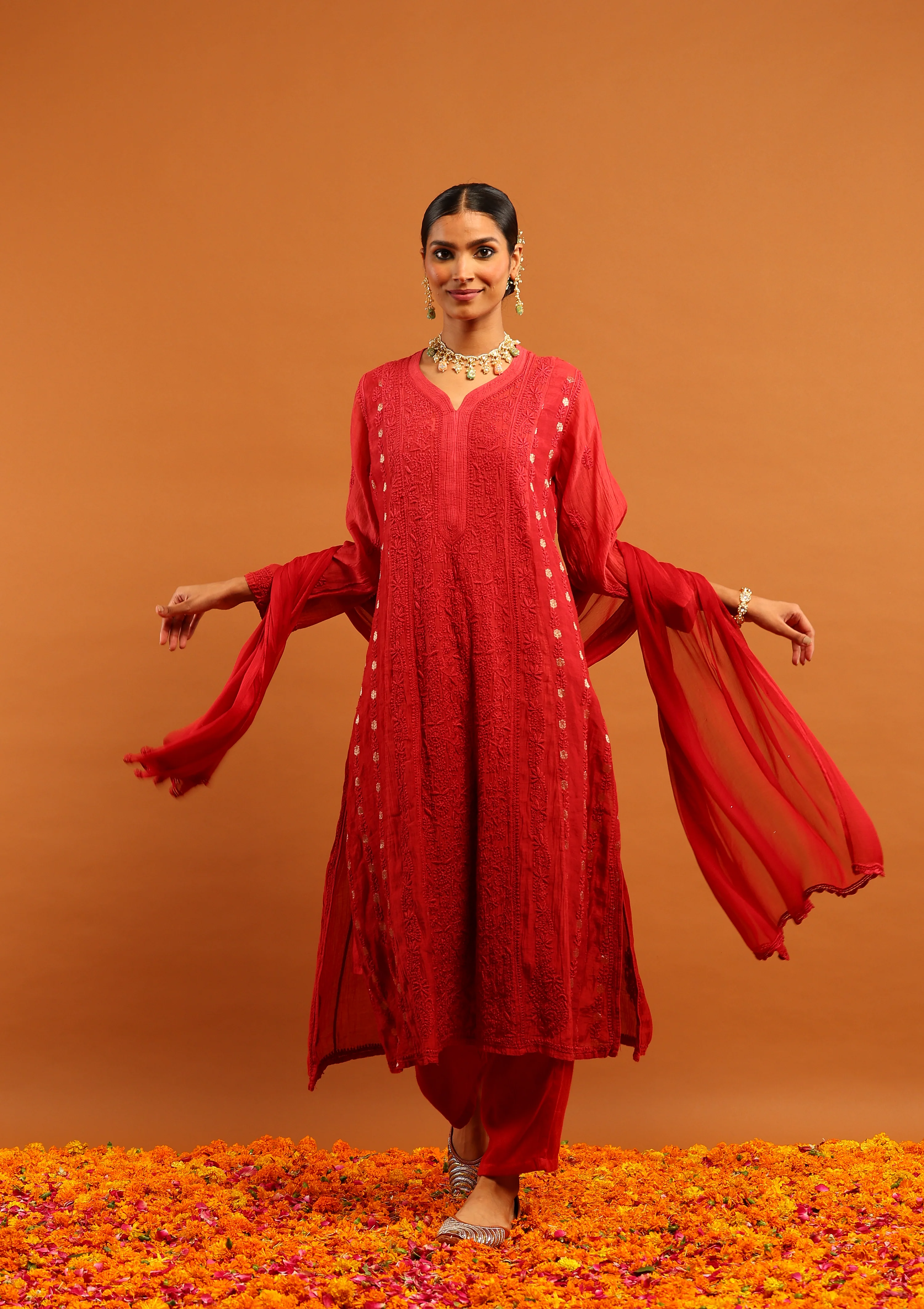 HOC Banarasi Mul Chanderi Chikankari Solid Women's 4 PC Straight Kurta Set - Red