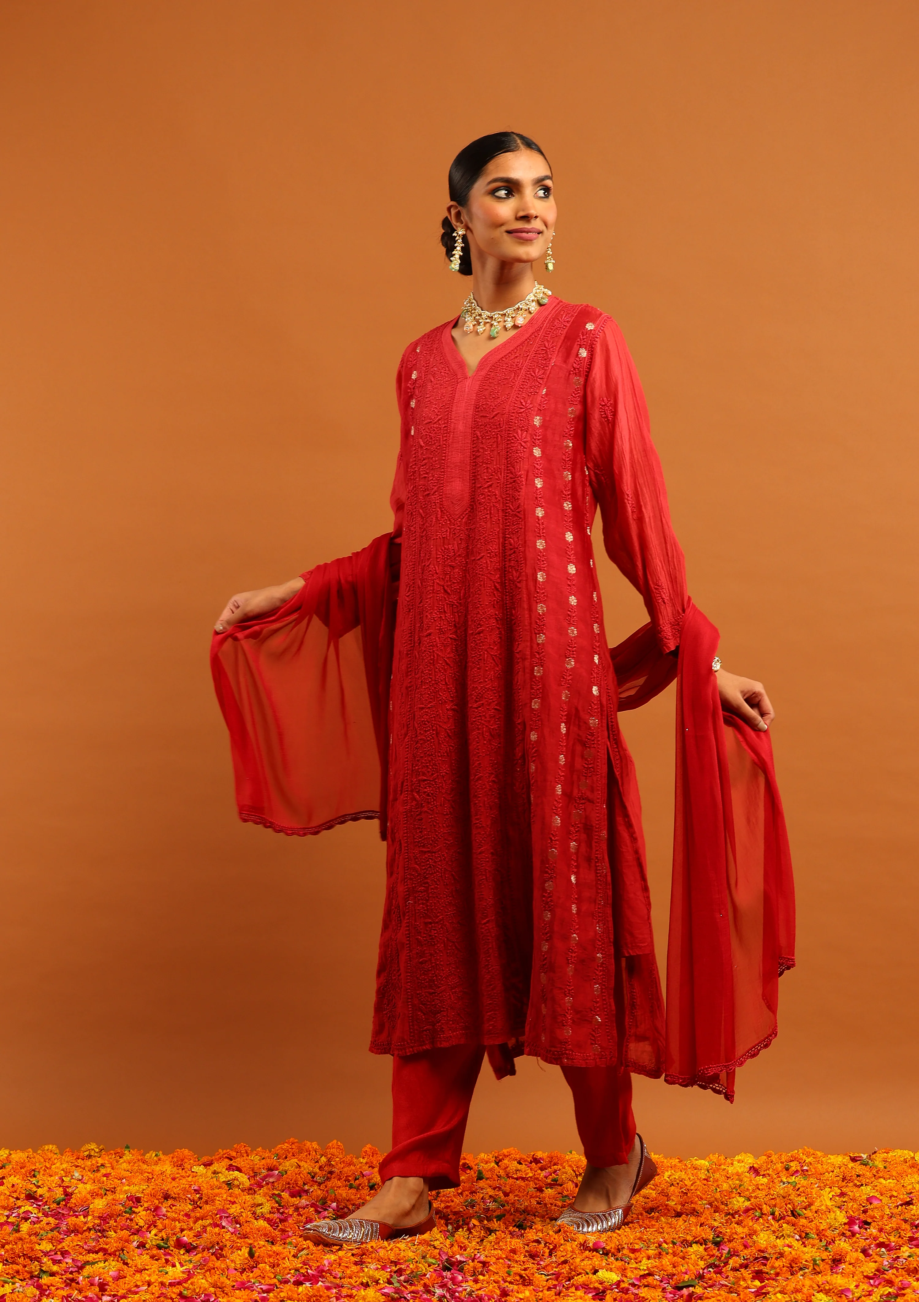 HOC Banarasi Mul Chanderi Chikankari Solid Women's 4 PC Straight Kurta Set - Red - Image 5