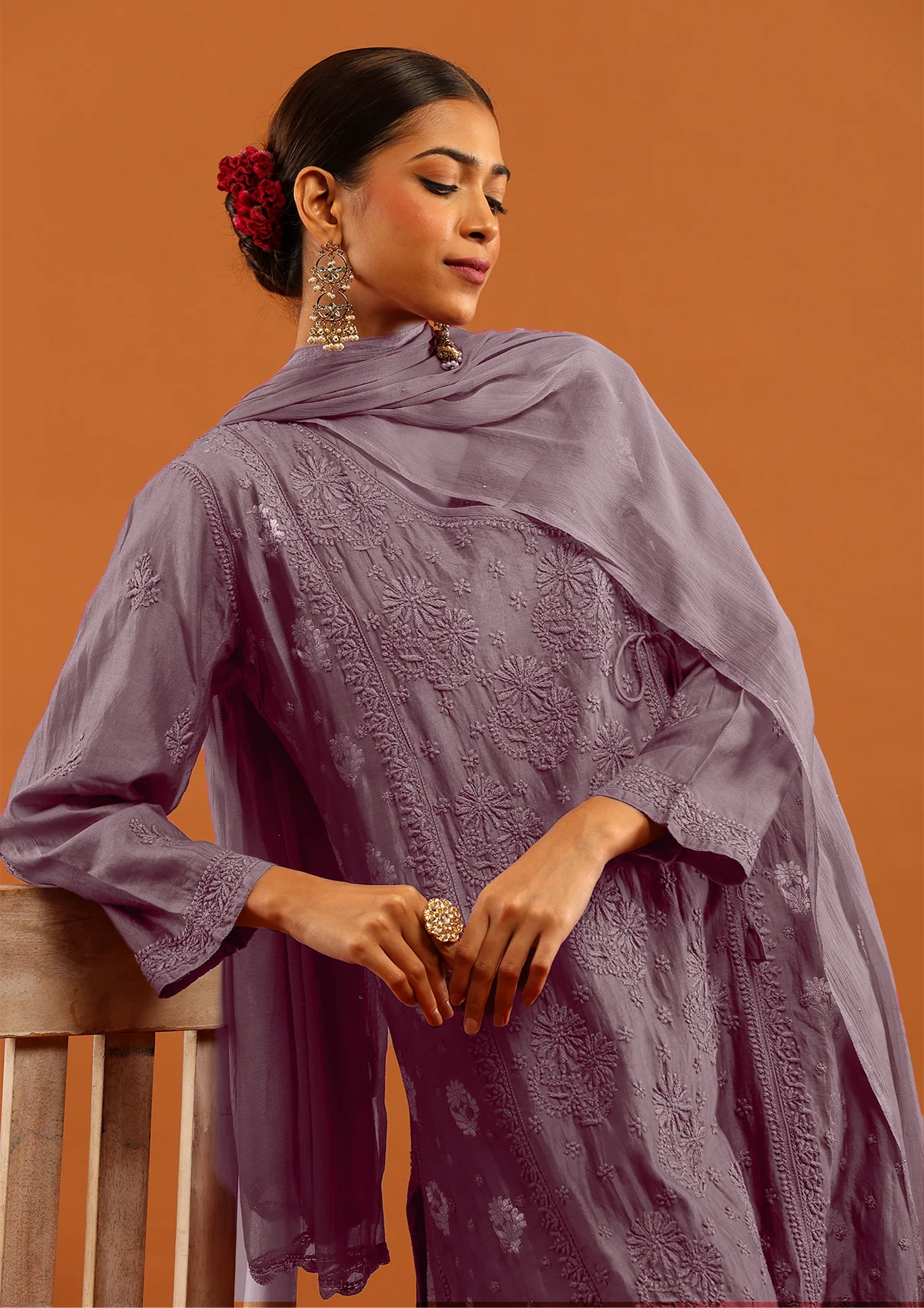 HOC Banarasi Mul Chanderi Chikankari Solid Women's 4PC Angrakha Kurta Set - Wine - Image 2