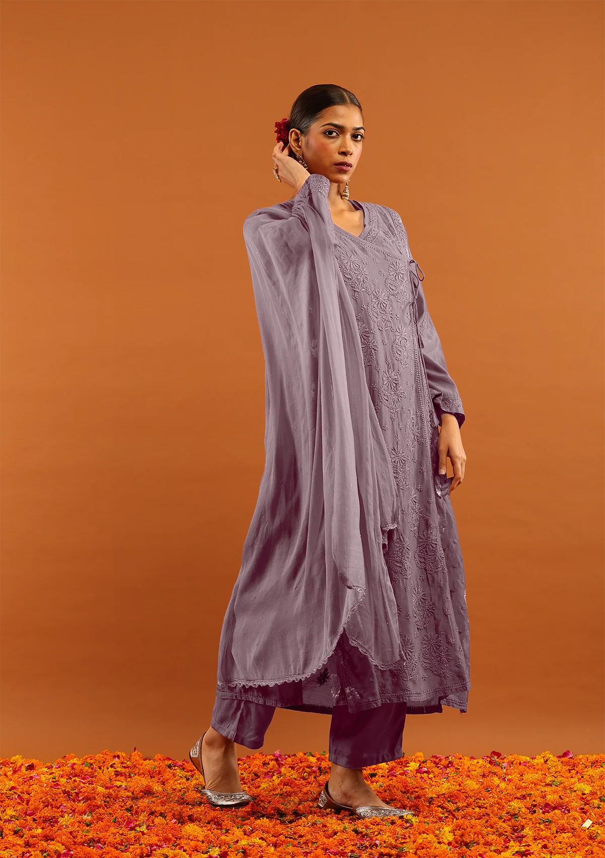 HOC Banarasi Mul Chanderi Chikankari Solid Women's 4PC Angrakha Kurta Set - Wine - Image 3
