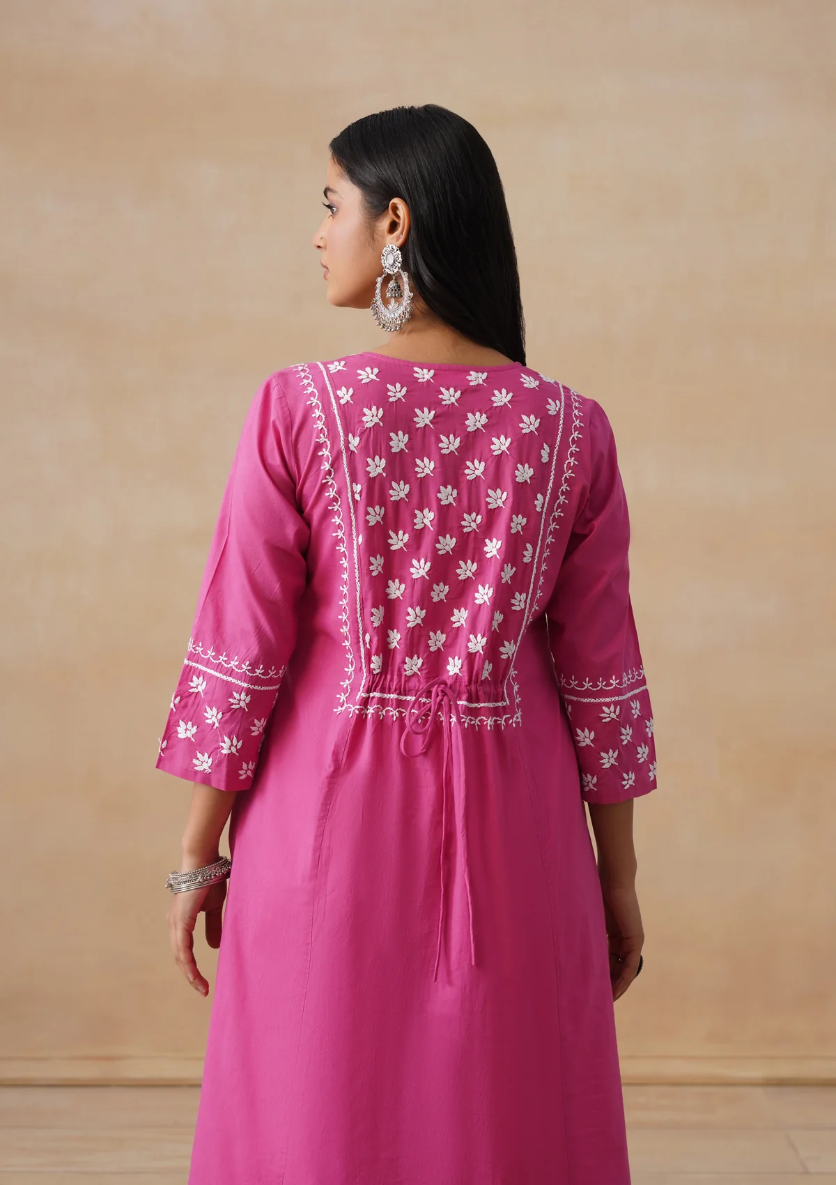 HOC Cambric Chikankari Solid A-Line Women's Long Kurta-Fuschia - Image 10