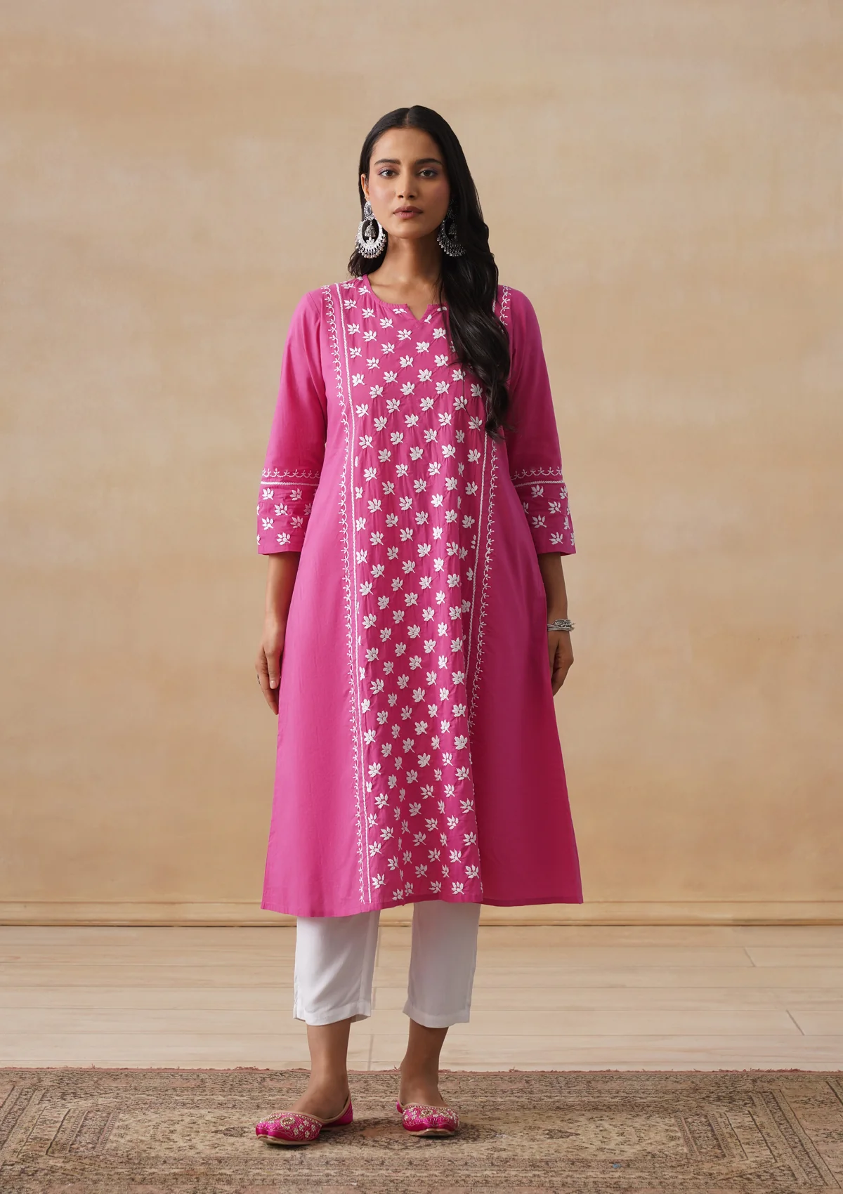 HOC Cambric Chikankari Solid A-Line Women's Long Kurta-Fuschia - Image 3