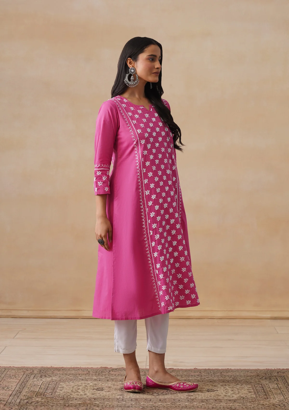 HOC Cambric Chikankari Solid A-Line Women's Long Kurta-Fuschia - Image 7