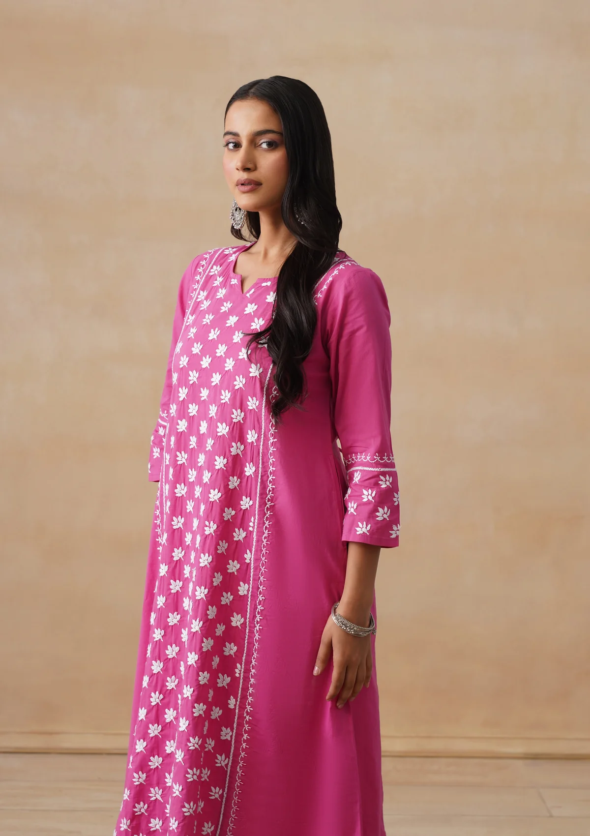 HOC Cambric Chikankari Solid A-Line Women's Long Kurta-Fuschia - Image 9