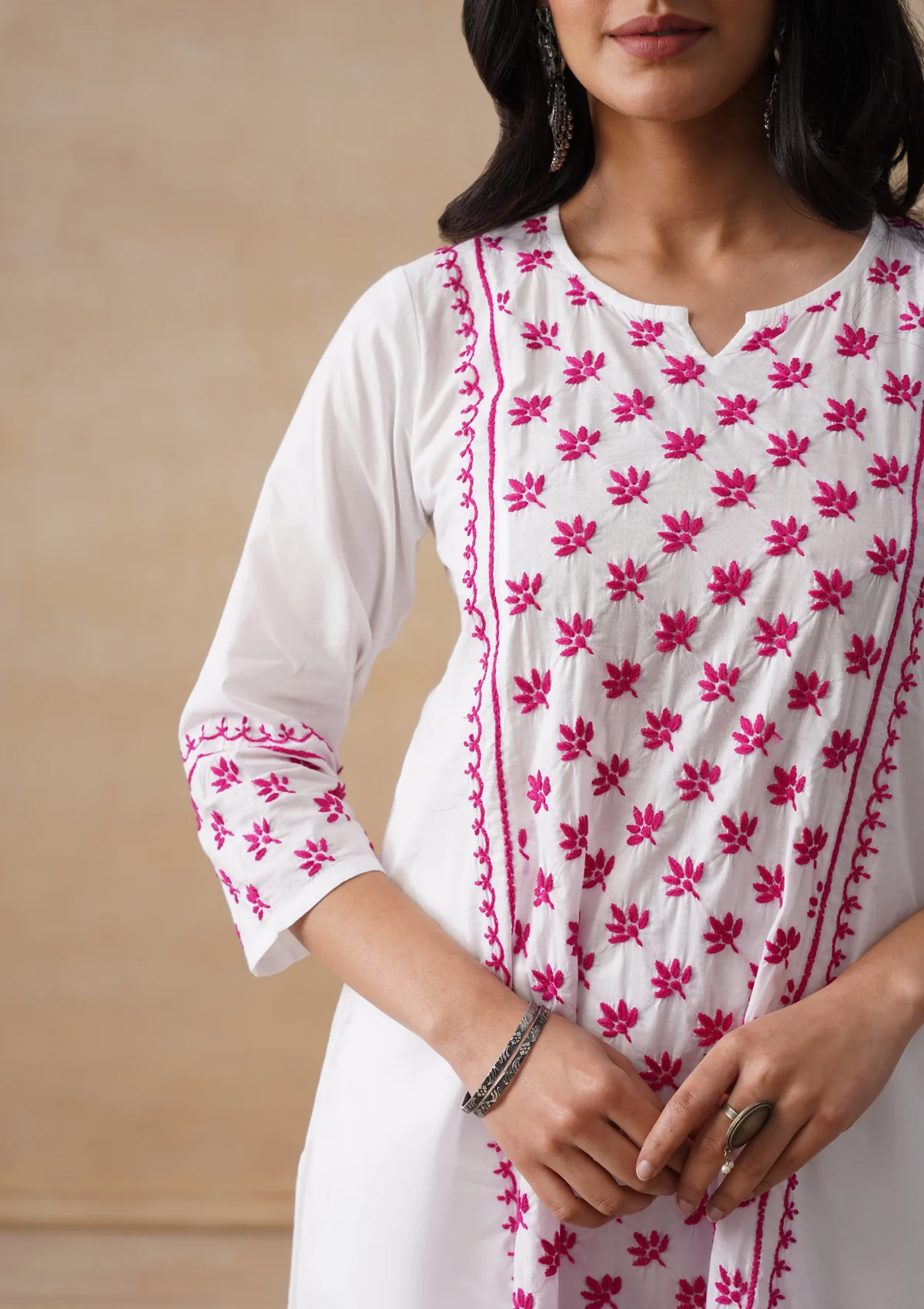 Sona Chikankari Solid A-Line Women's Long Kurta-White - Image 6