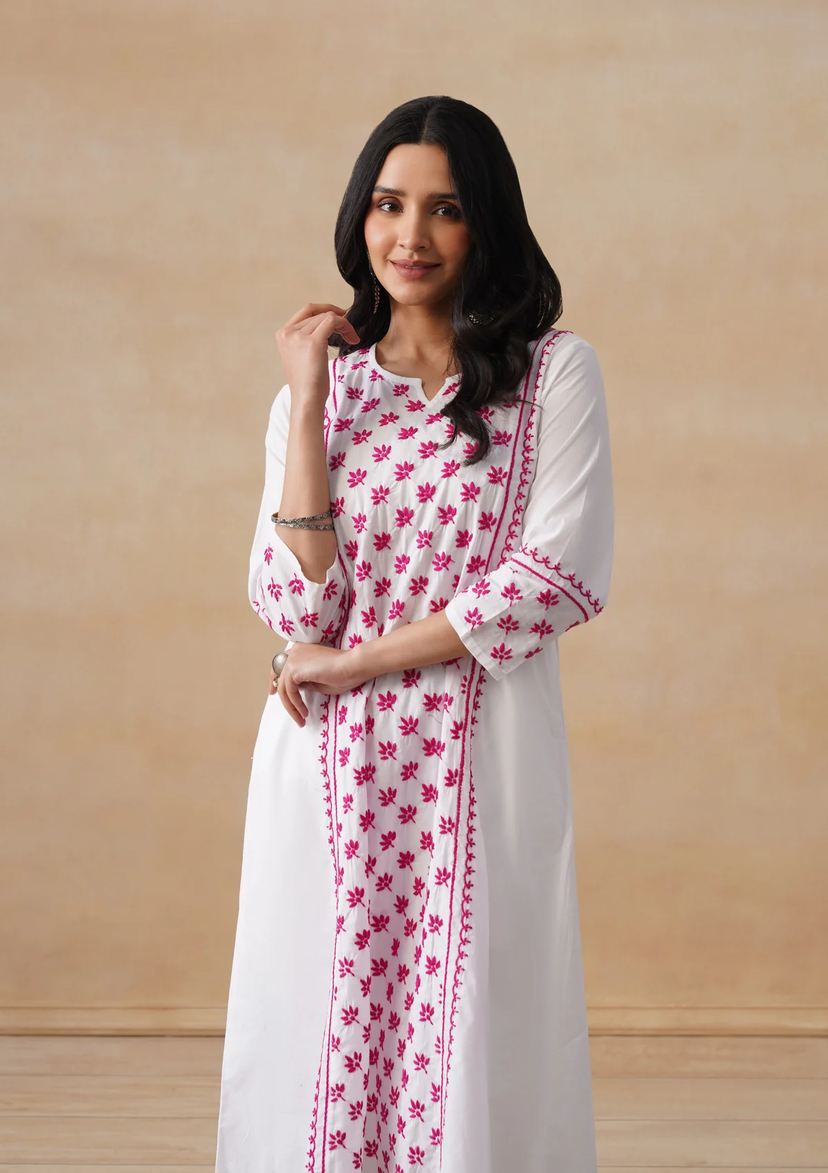 Sona Chikankari Solid A-Line Women's Long Kurta-White - Image 7