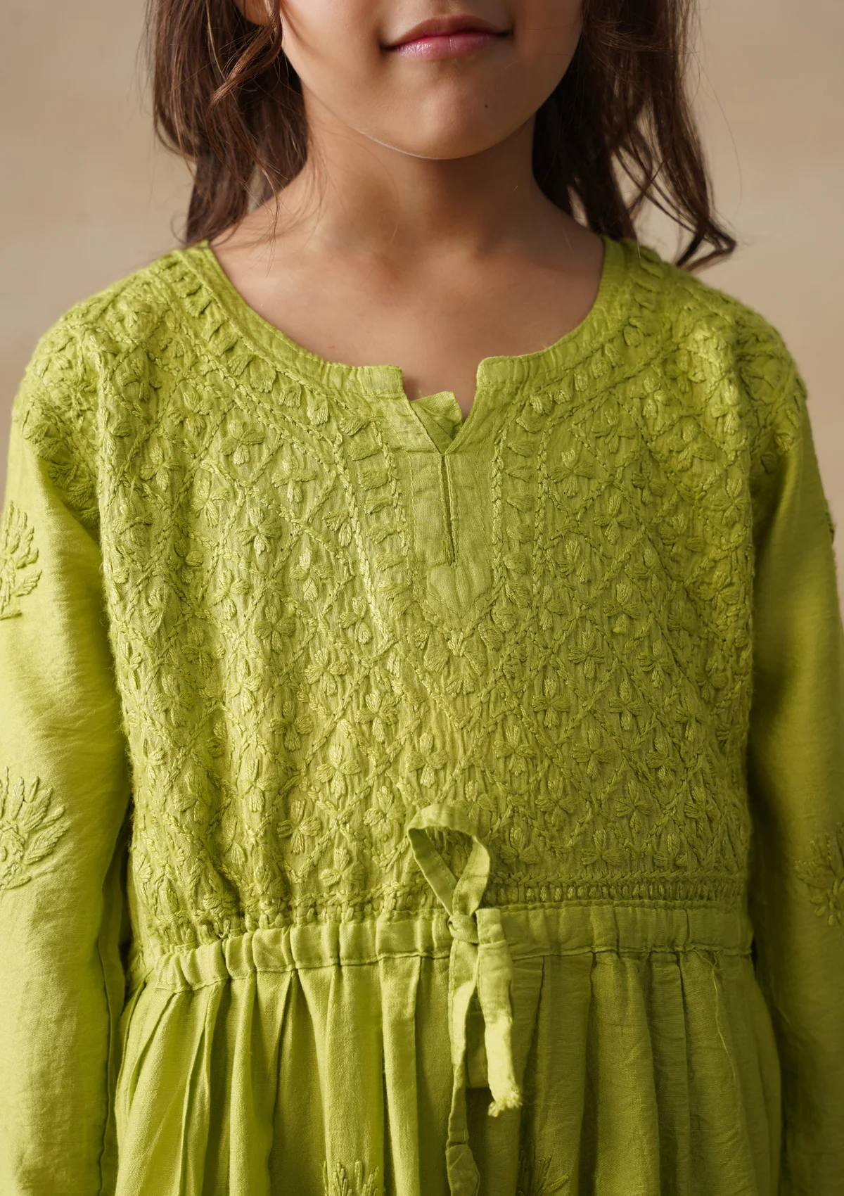 HOC Chanderi Chikankari Solid Girls 3 PC Long Kurta Set - Green - Image 7