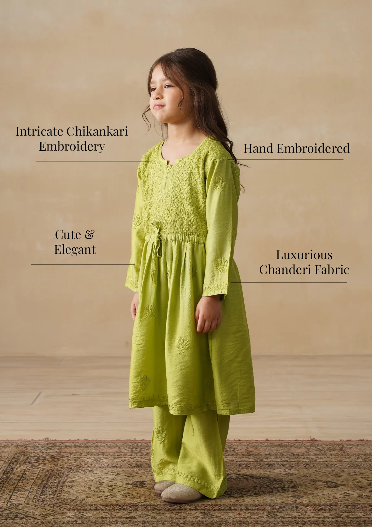 HOC Chanderi Chikankari Solid Girls 3 PC Long Kurta Set - Green - Image 9