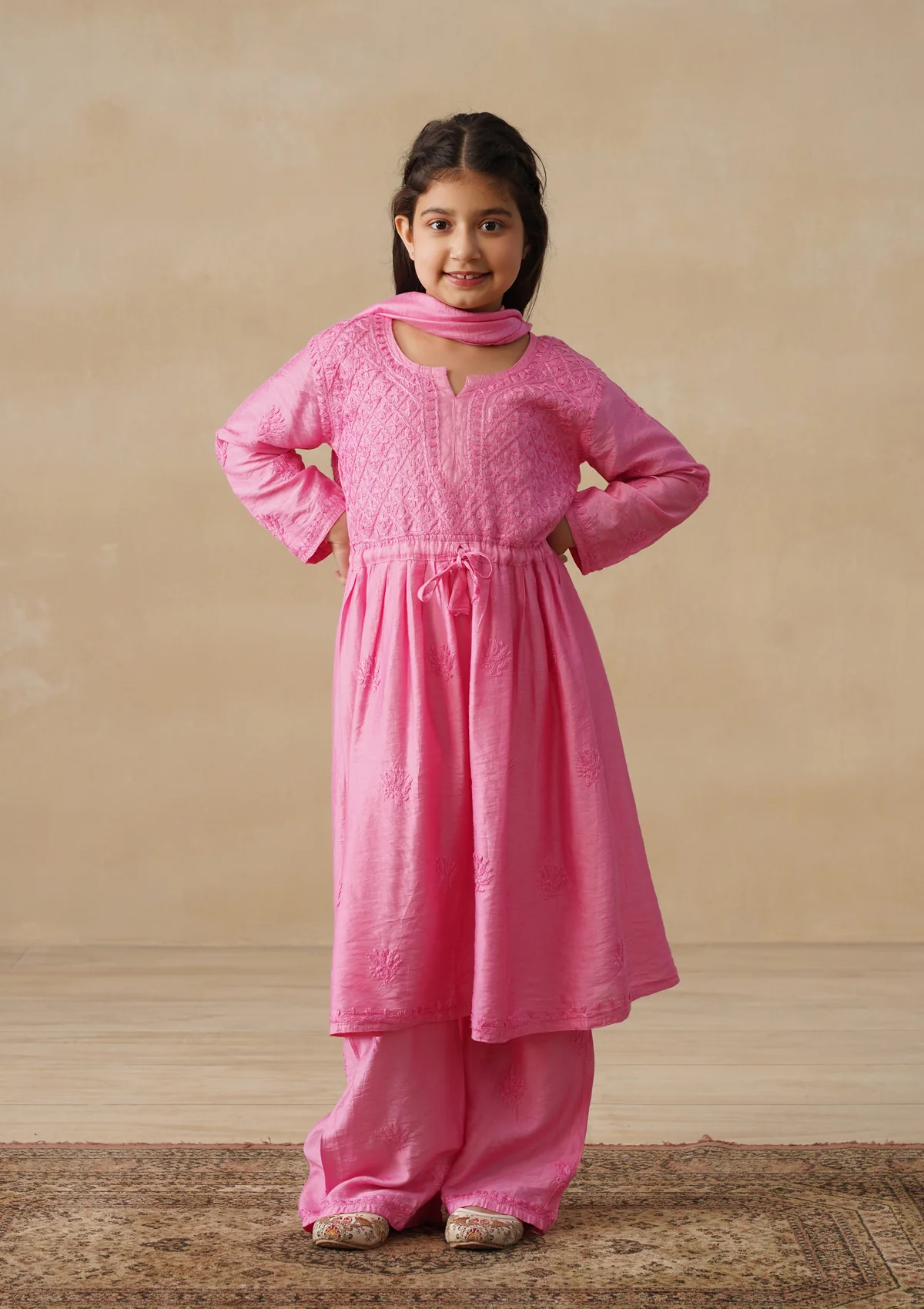 HOC Chanderi Chikankari Solid Girls 3 PC Long Kurta Set - Pink