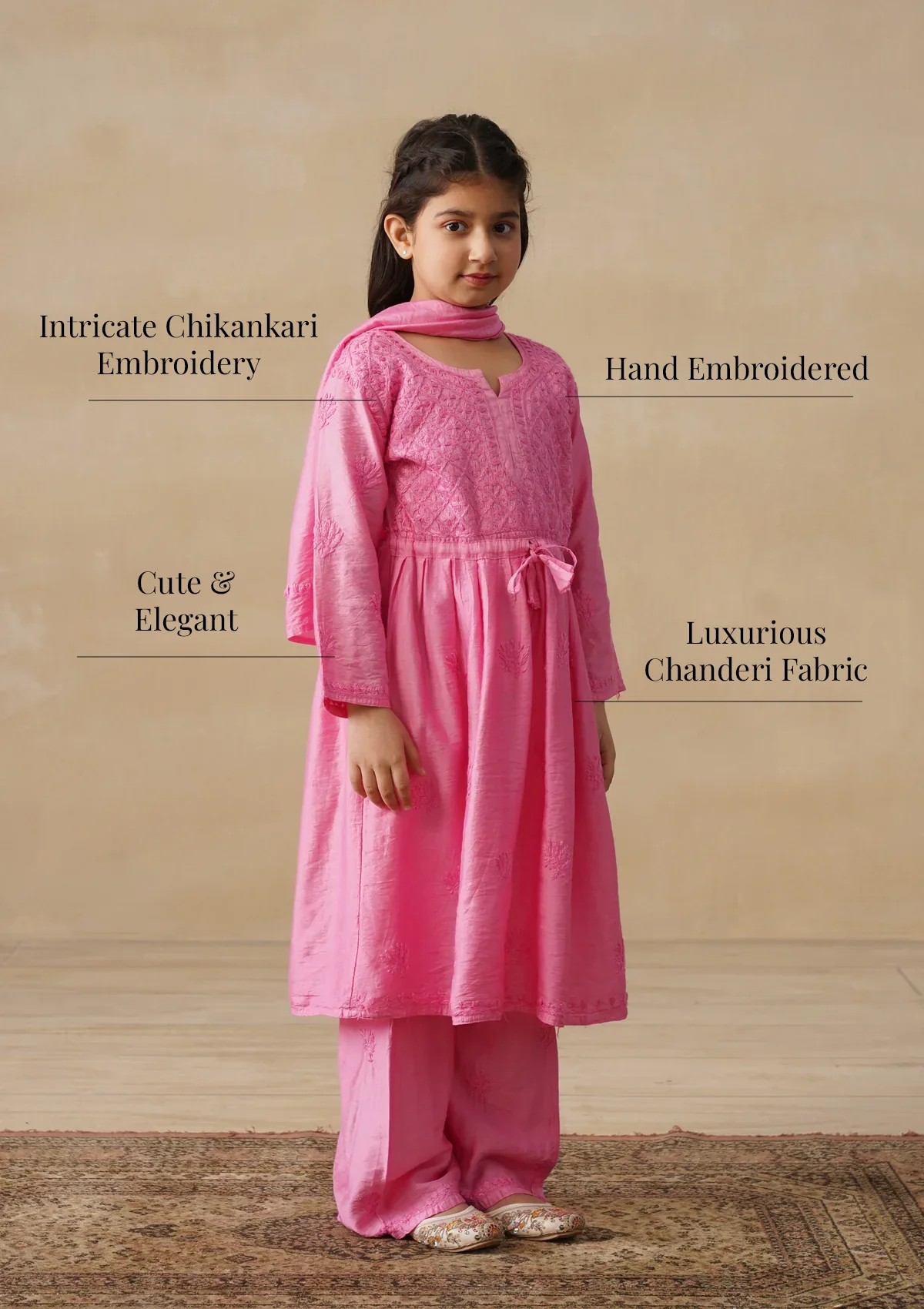 HOC Chanderi Chikankari Solid Girls 3 PC Long Kurta Set - Pink - Image 10