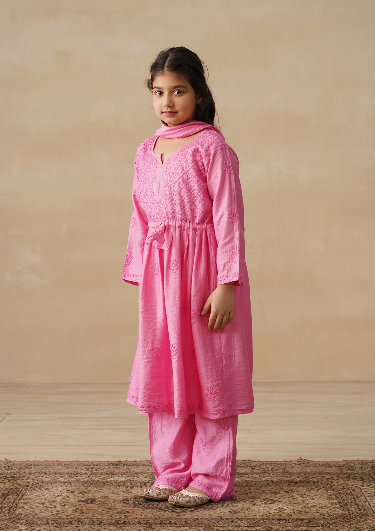 HOC Chanderi Chikankari Solid Girls 3 PC Long Kurta Set - Pink - Image 2