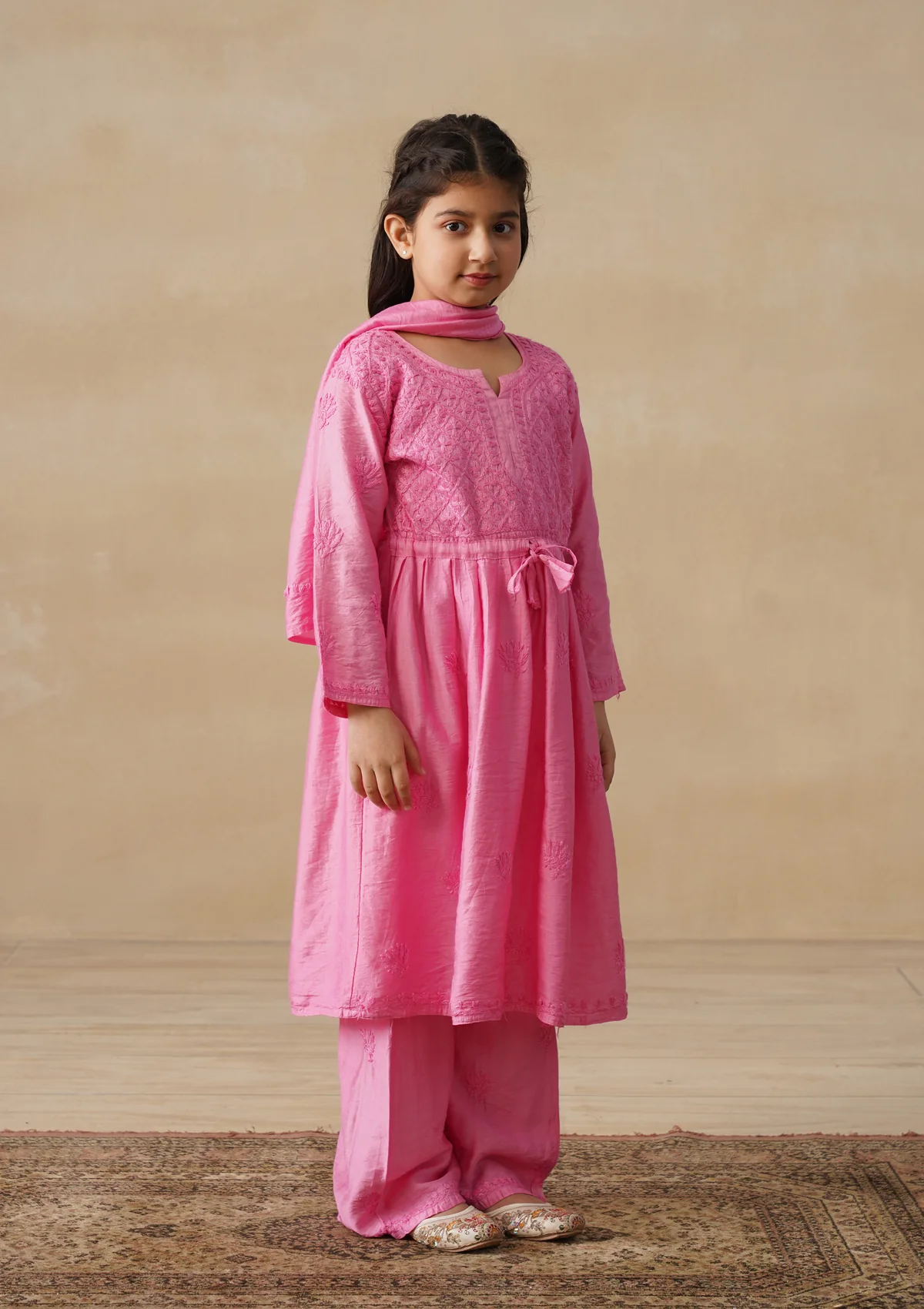 HOC Chanderi Chikankari Solid Girls 3 PC Long Kurta Set - Pink - Image 3