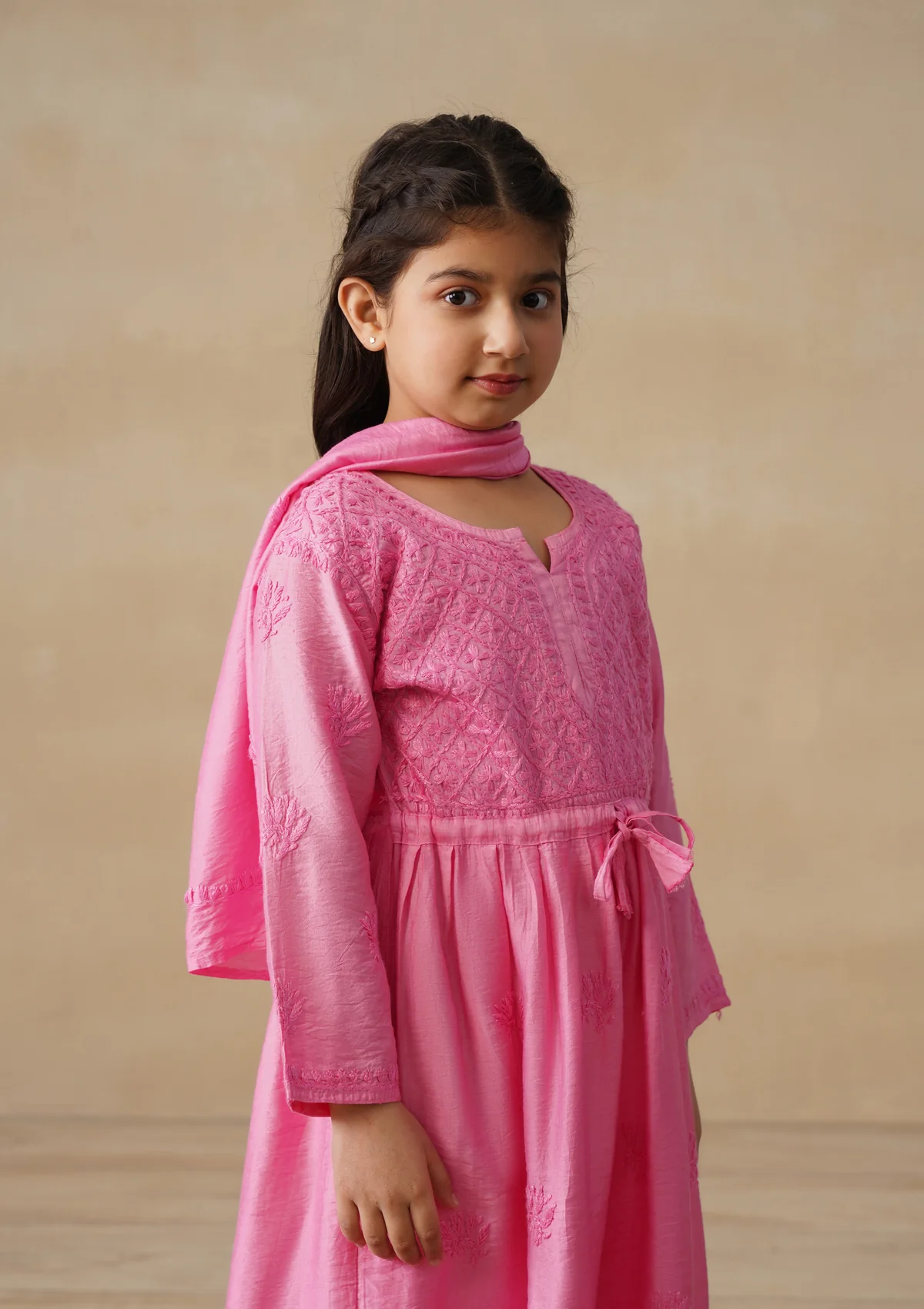 HOC Chanderi Chikankari Solid Girls 3 PC Long Kurta Set - Pink - Image 4