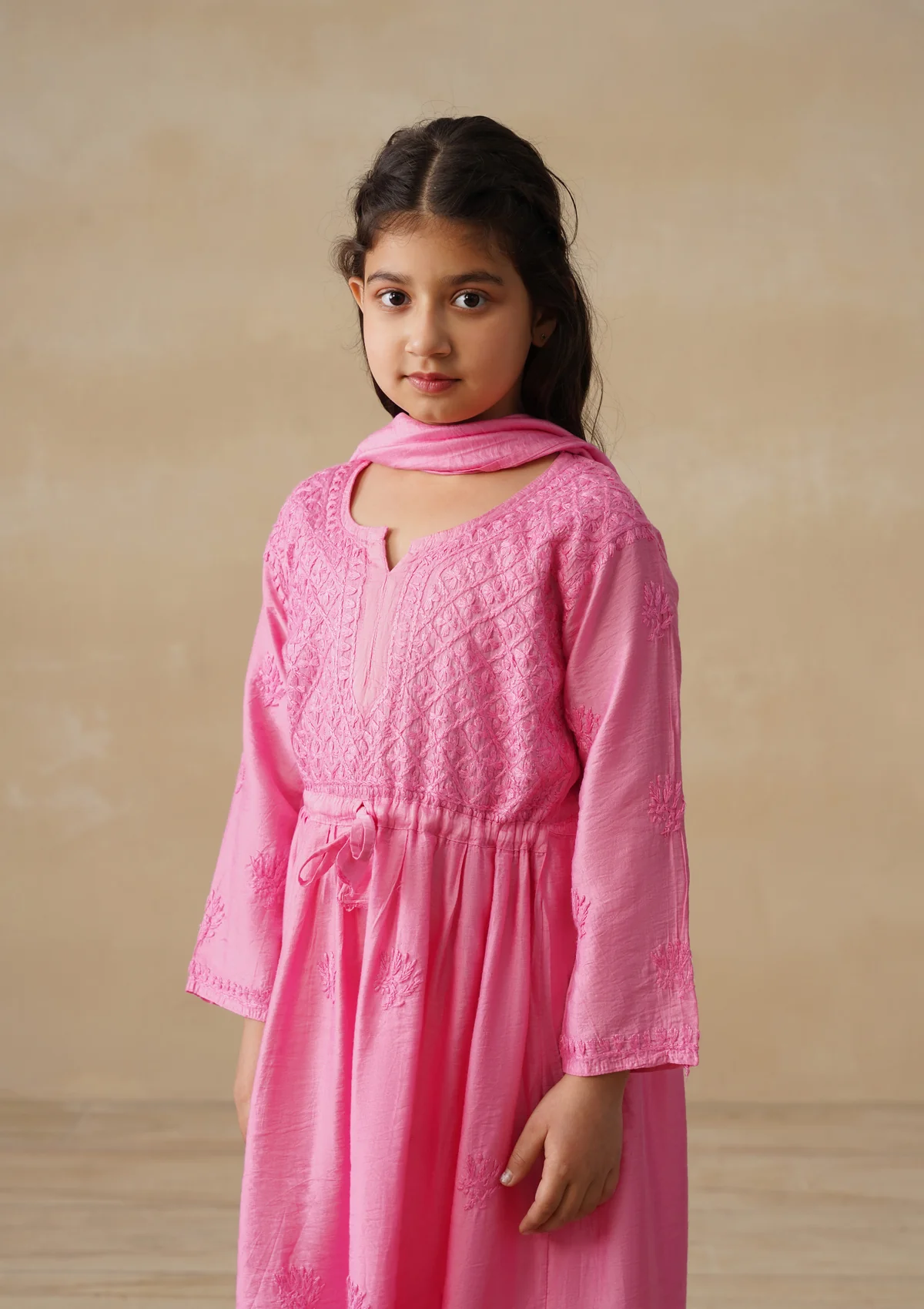 HOC Chanderi Chikankari Solid Girls 3 PC Long Kurta Set - Pink - Image 5