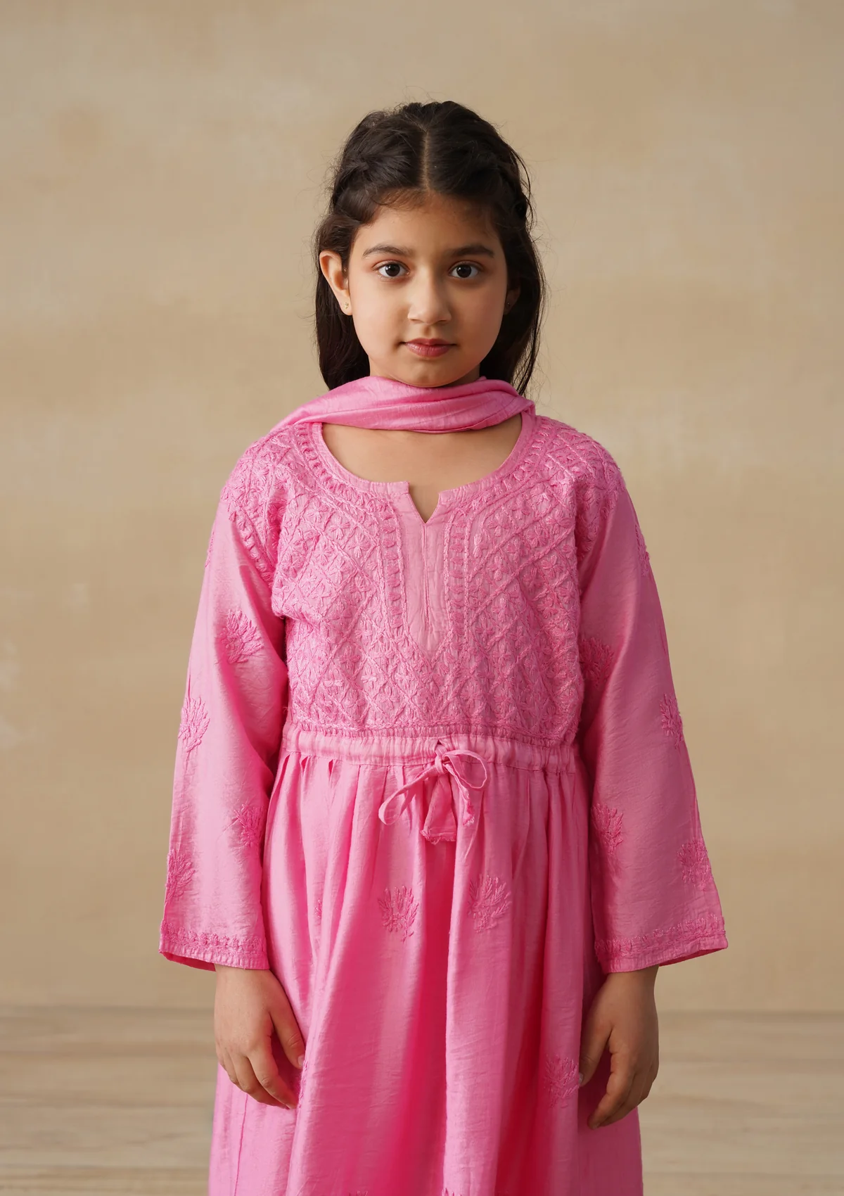 HOC Chanderi Chikankari Solid Girls 3 PC Long Kurta Set - Pink - Image 6