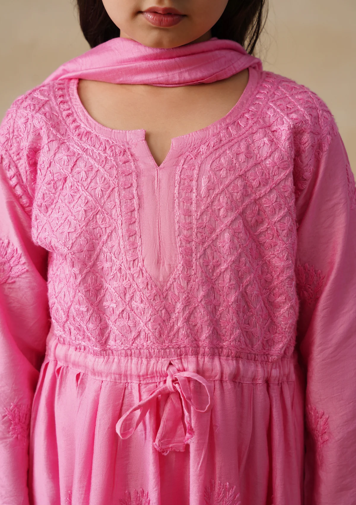 HOC Chanderi Chikankari Solid Girls 3 PC Long Kurta Set - Pink - Image 7