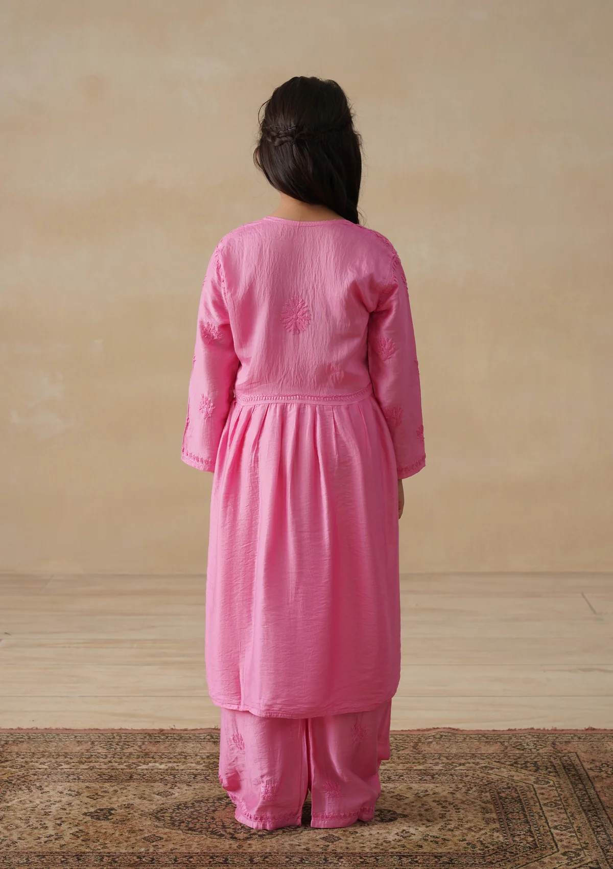 HOC Chanderi Chikankari Solid Girls 3 PC Long Kurta Set - Pink - Image 8
