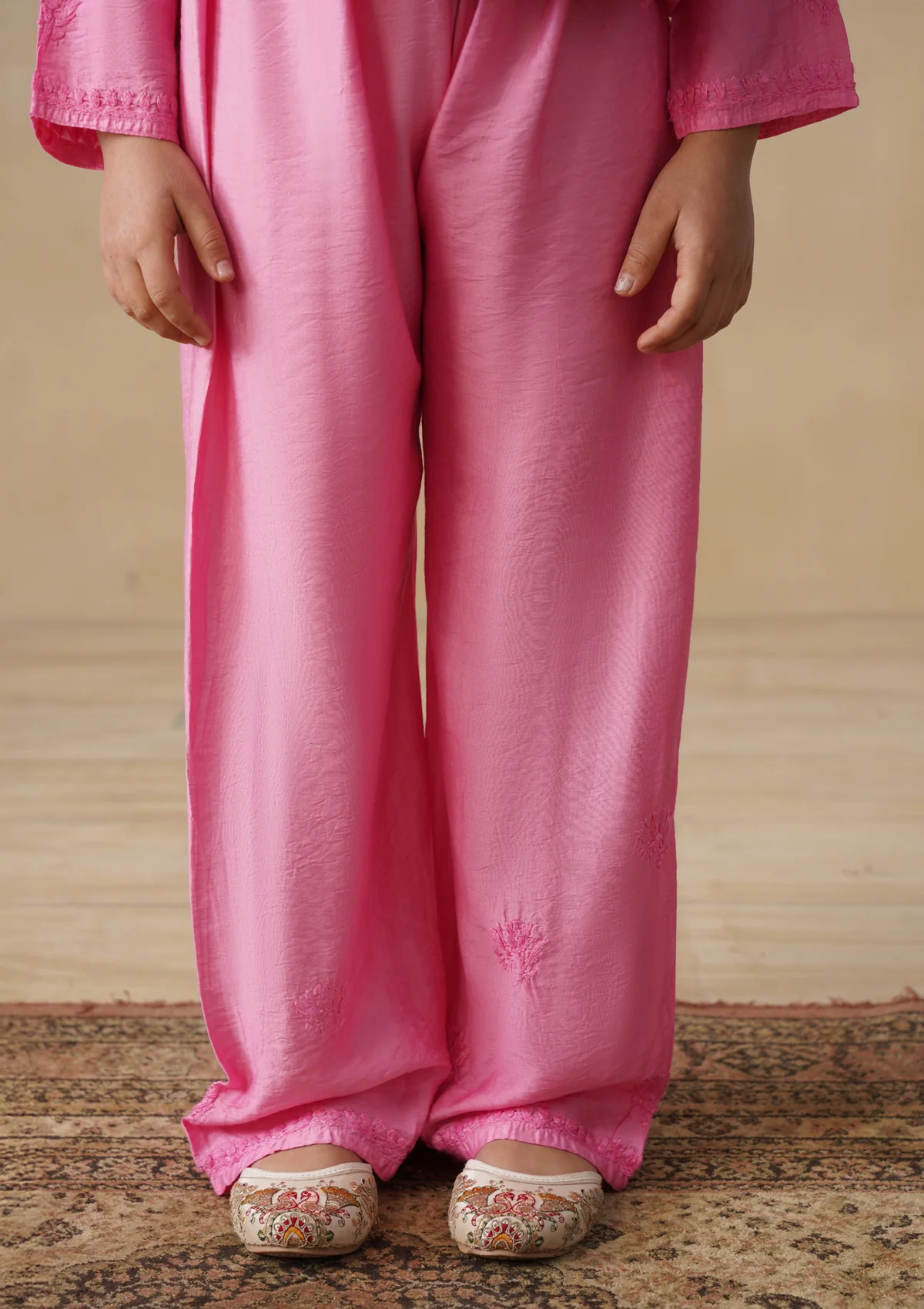 HOC Chanderi Chikankari Solid Girls 3 PC Long Kurta Set - Pink - Image 9