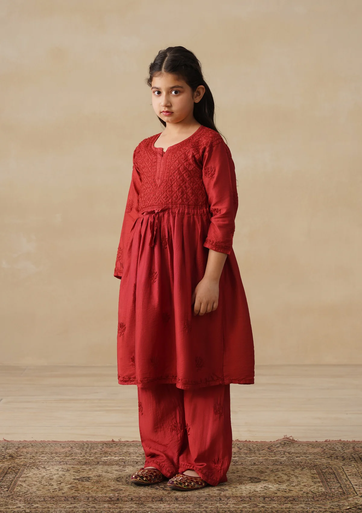 HOC Chanderi Chikankari Solid Girls 3 PC Long Kurta Set - Rust - Image 2