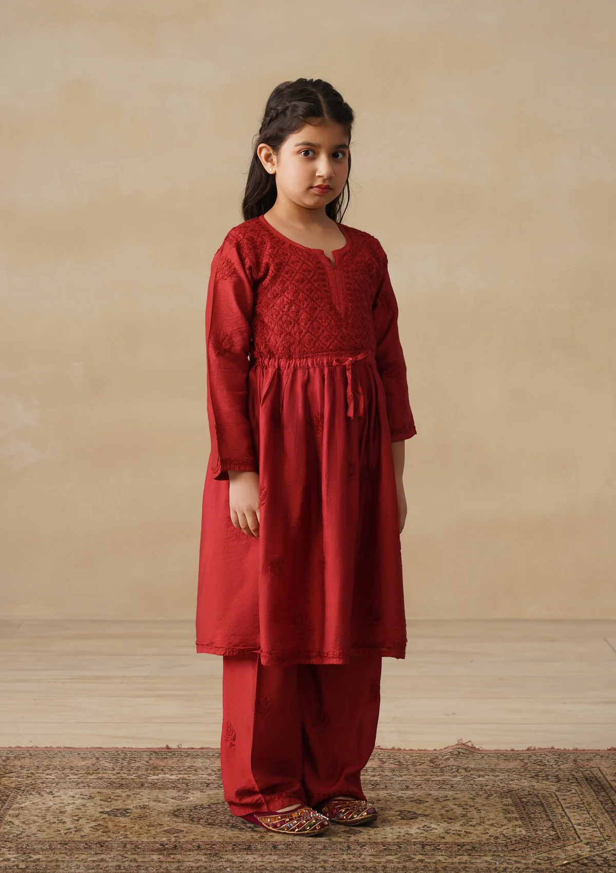 HOC Chanderi Chikankari Solid Girls 3 PC Long Kurta Set - Rust - Image 3