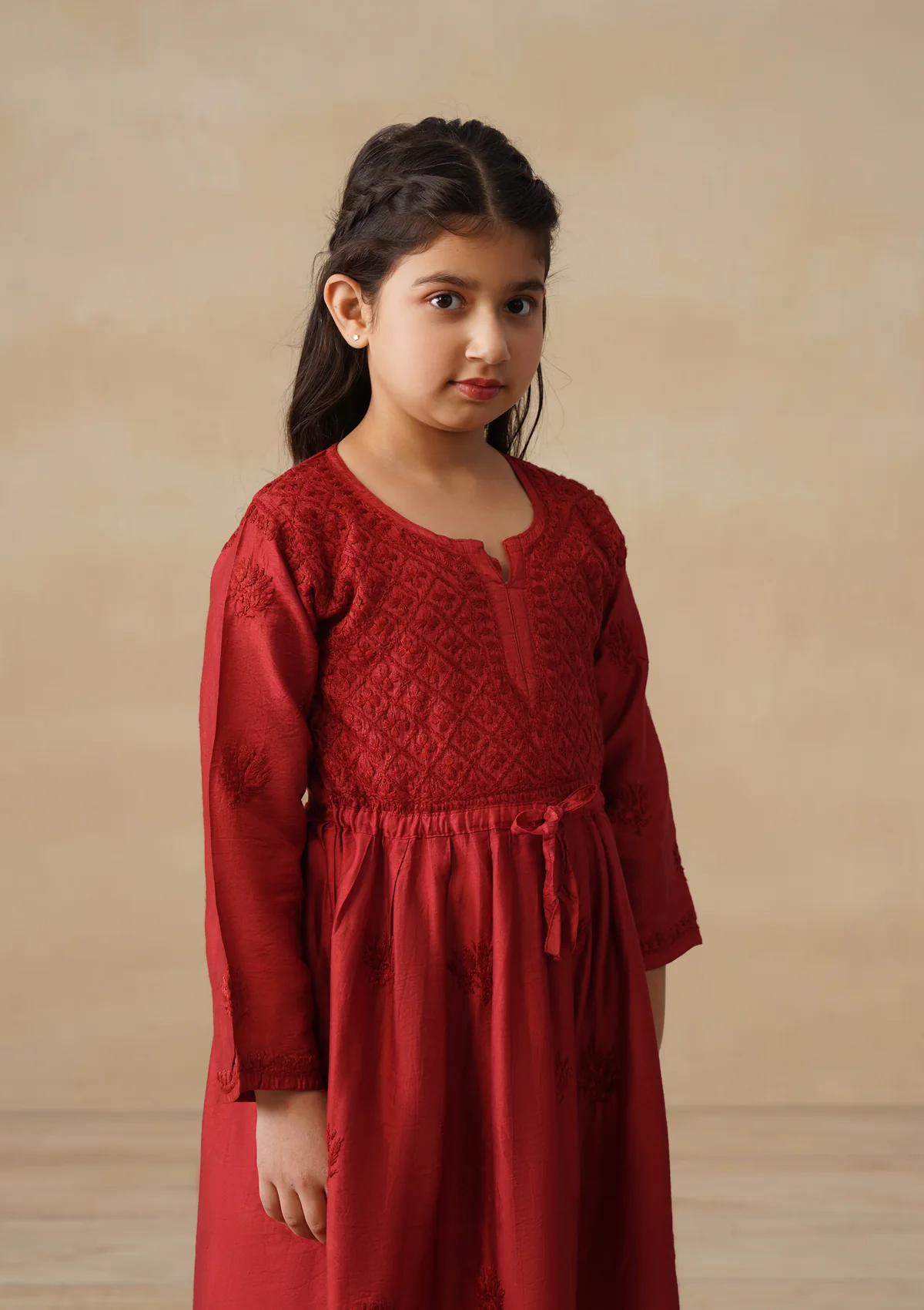 HOC Chanderi Chikankari Solid Girls 3 PC Long Kurta Set - Rust - Image 4