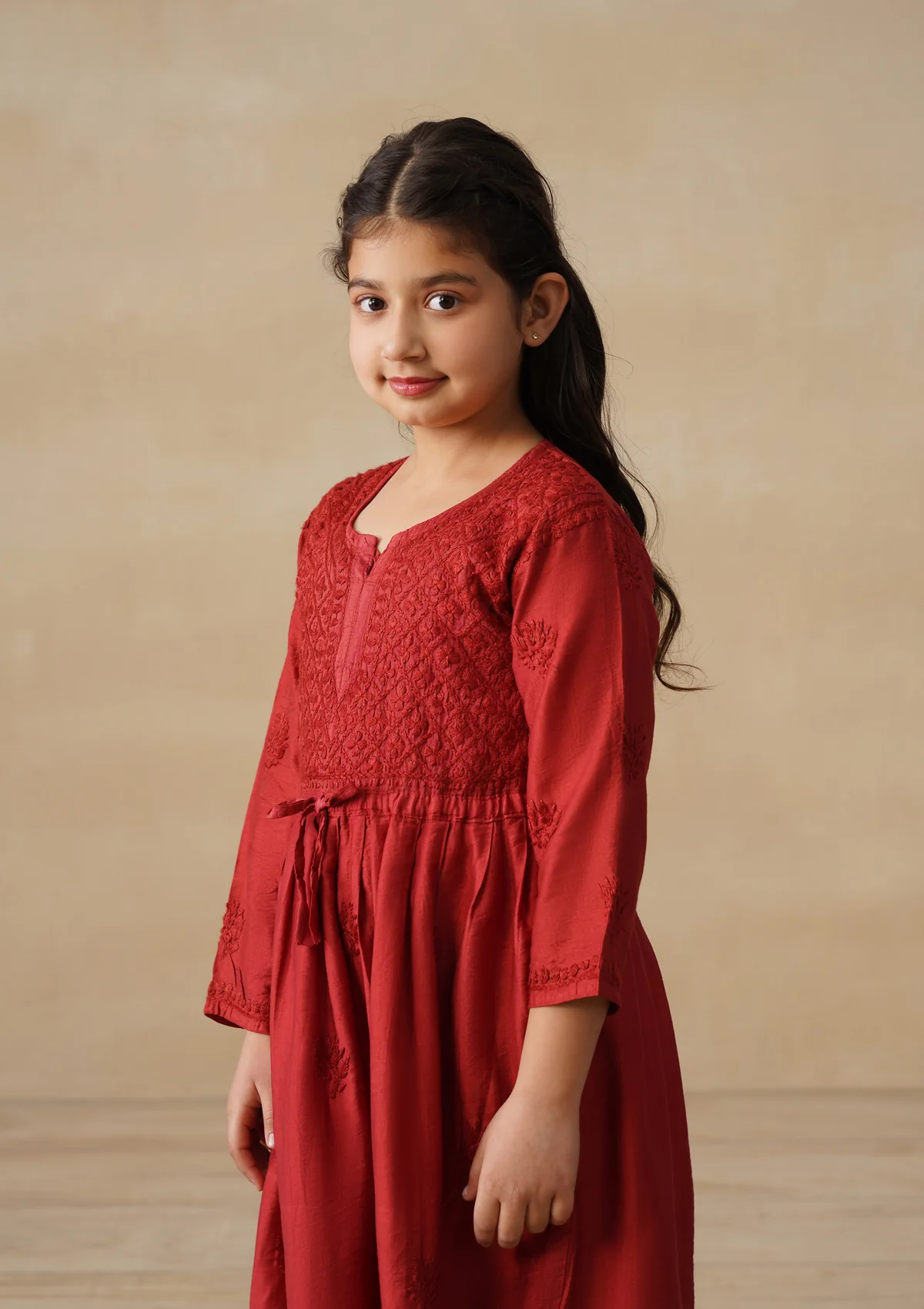 HOC Chanderi Chikankari Solid Girls 3 PC Long Kurta Set - Rust - Image 5