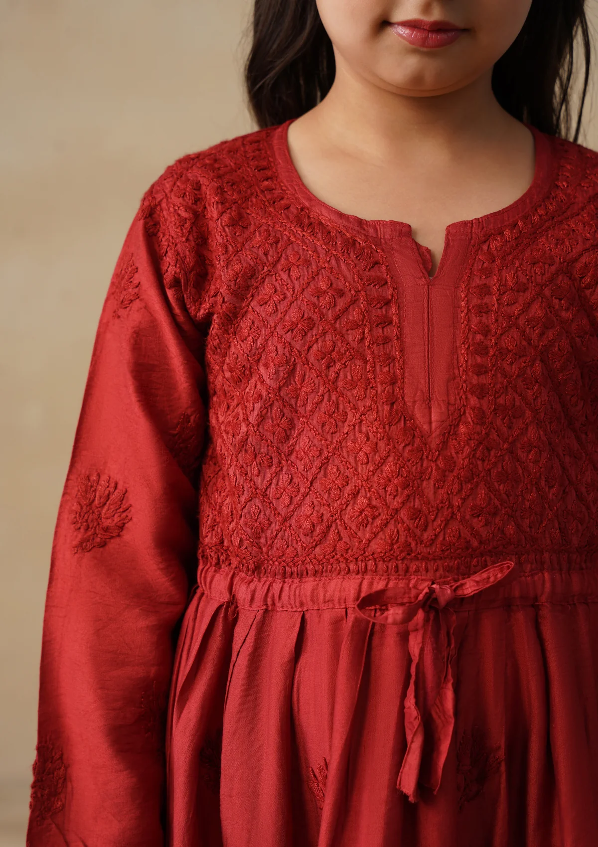HOC Chanderi Chikankari Solid Girls 3 PC Long Kurta Set - Rust - Image 7