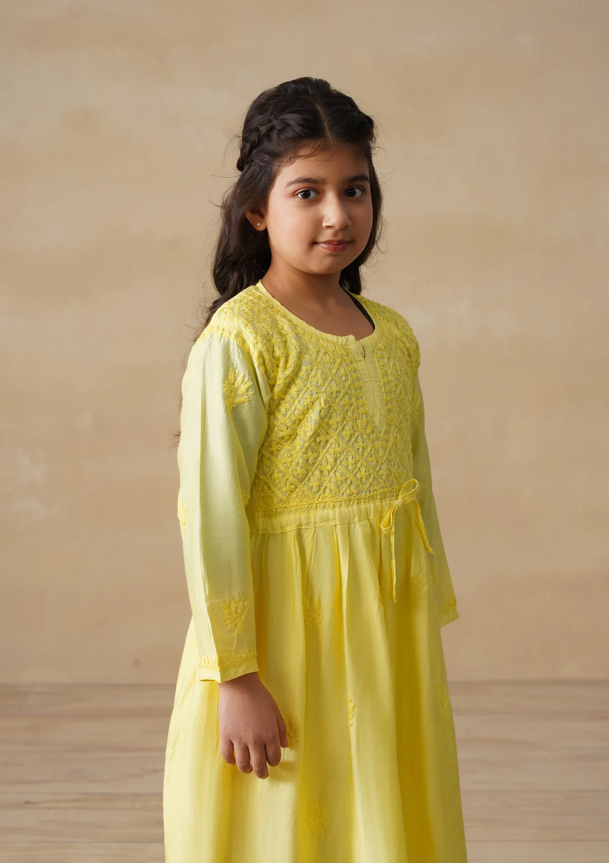 HOC Chanderi Chikankari Solid Girls 3 PC Long Kurta Set - Yellow - Image 4