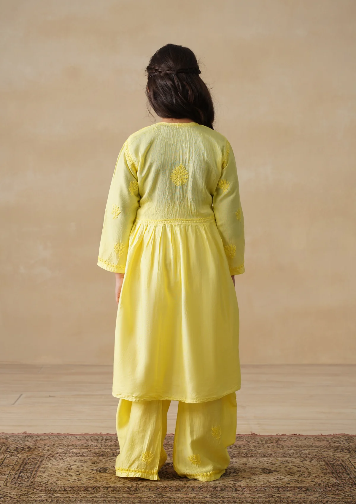 HOC Chanderi Chikankari Solid Girls 3 PC Long Kurta Set - Yellow - Image 6