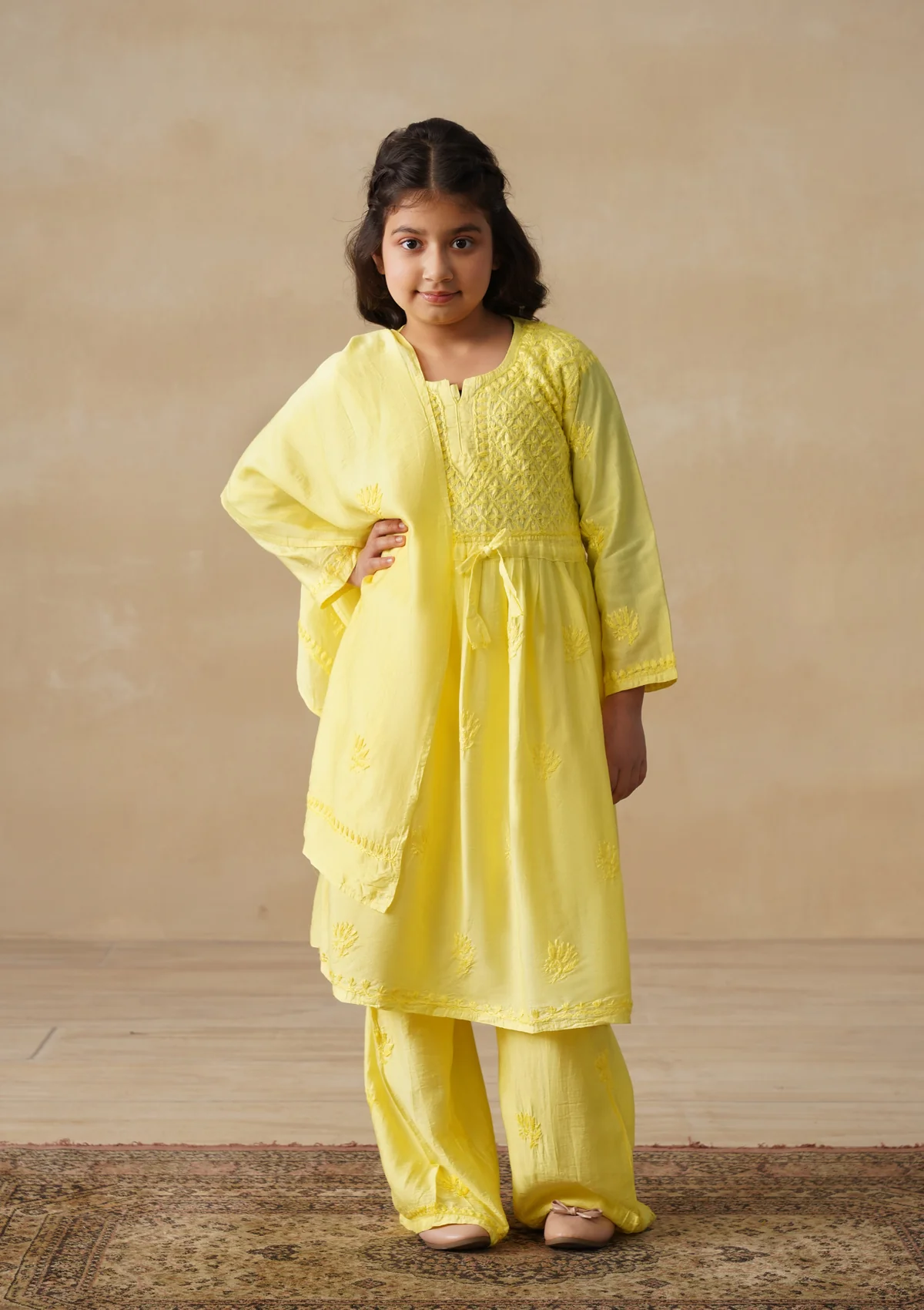 HOC Chanderi Chikankari Solid Girls 3 PC Long Kurta Set - Yellow - Image 7