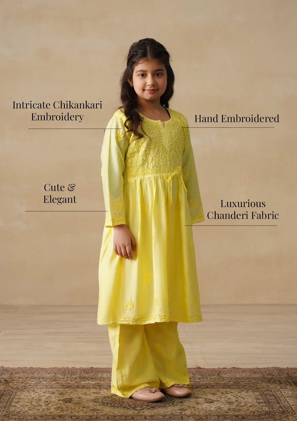 HOC Chanderi Chikankari Solid Girls 3 PC Long Kurta Set - Yellow - Image 8