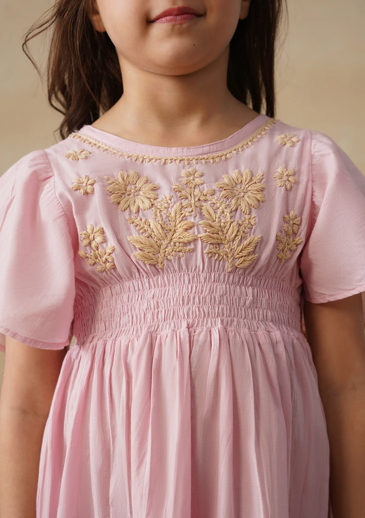 HOC Cotton Chikankari Solid Girls Long Dress - Light Pink - Image 5