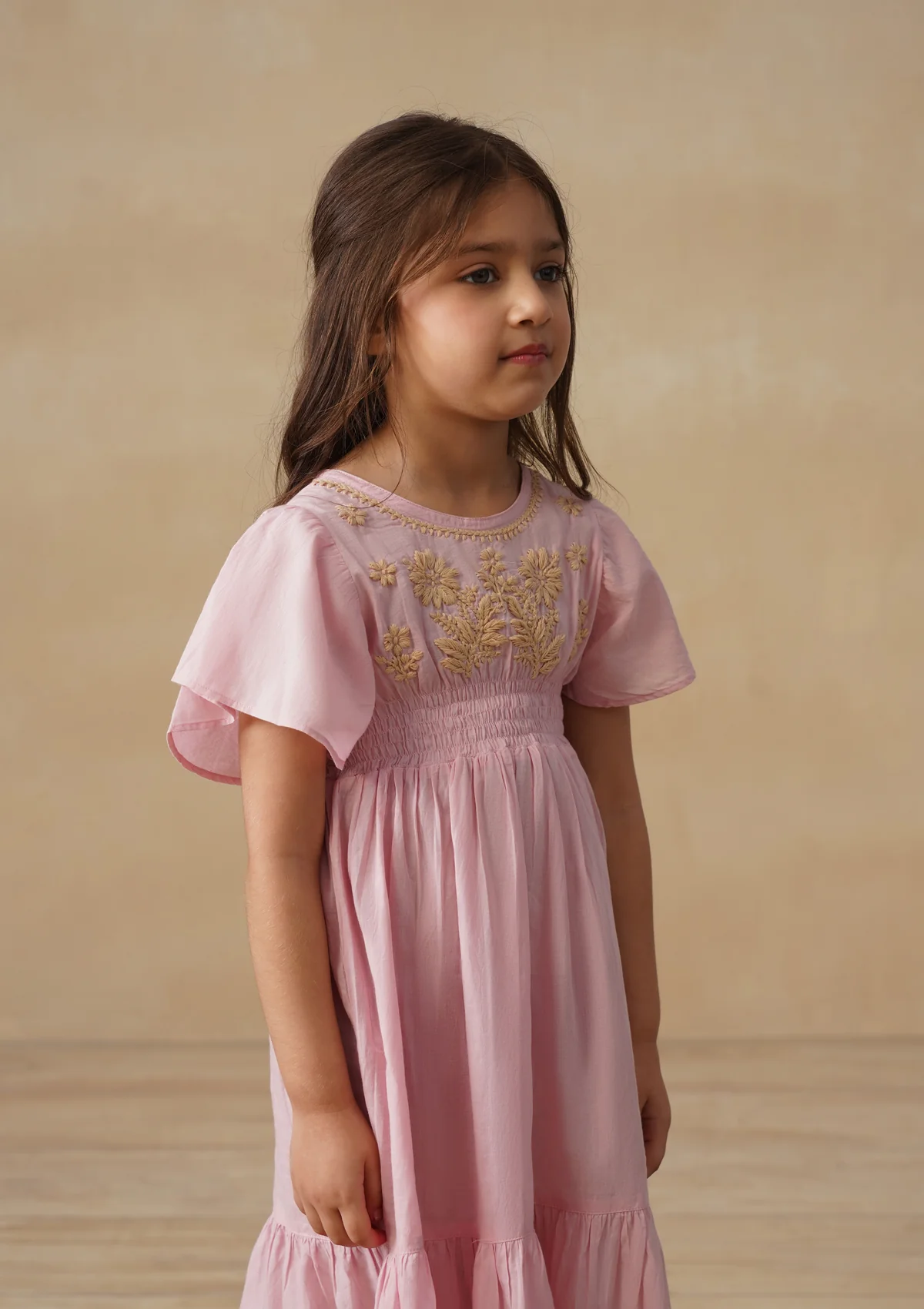 HOC Cotton Chikankari Solid Girls Long Dress - Light Pink - Image 7