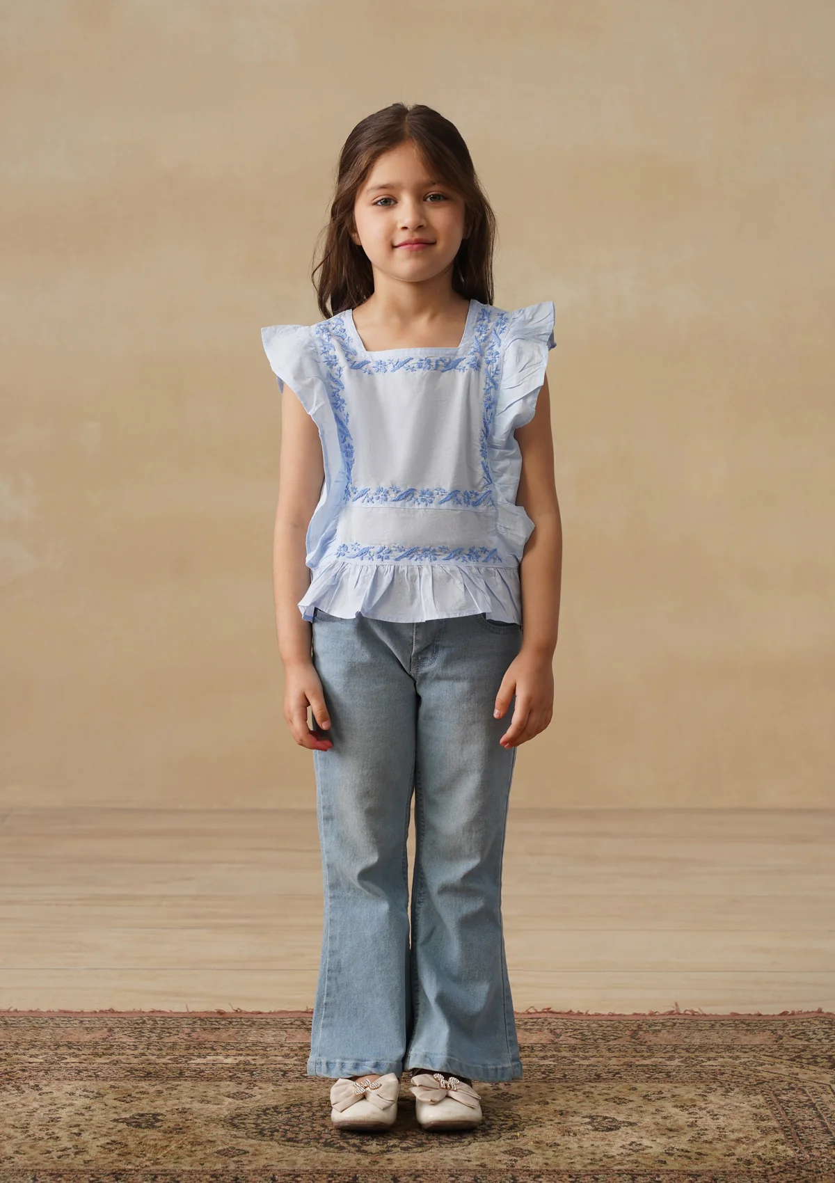 HOC Cotton Chikankari Solid Girls Short Top - Light Blue - Image 2