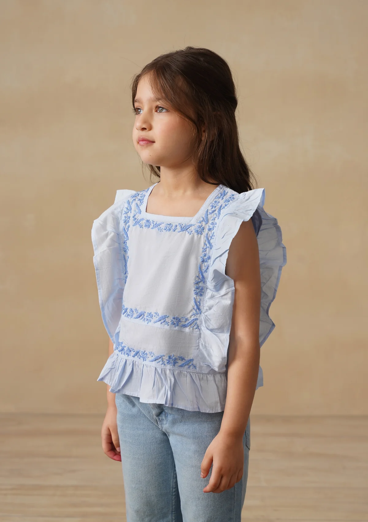 HOC Cotton Chikankari Solid Girls Short Top - Light Blue - Image 4